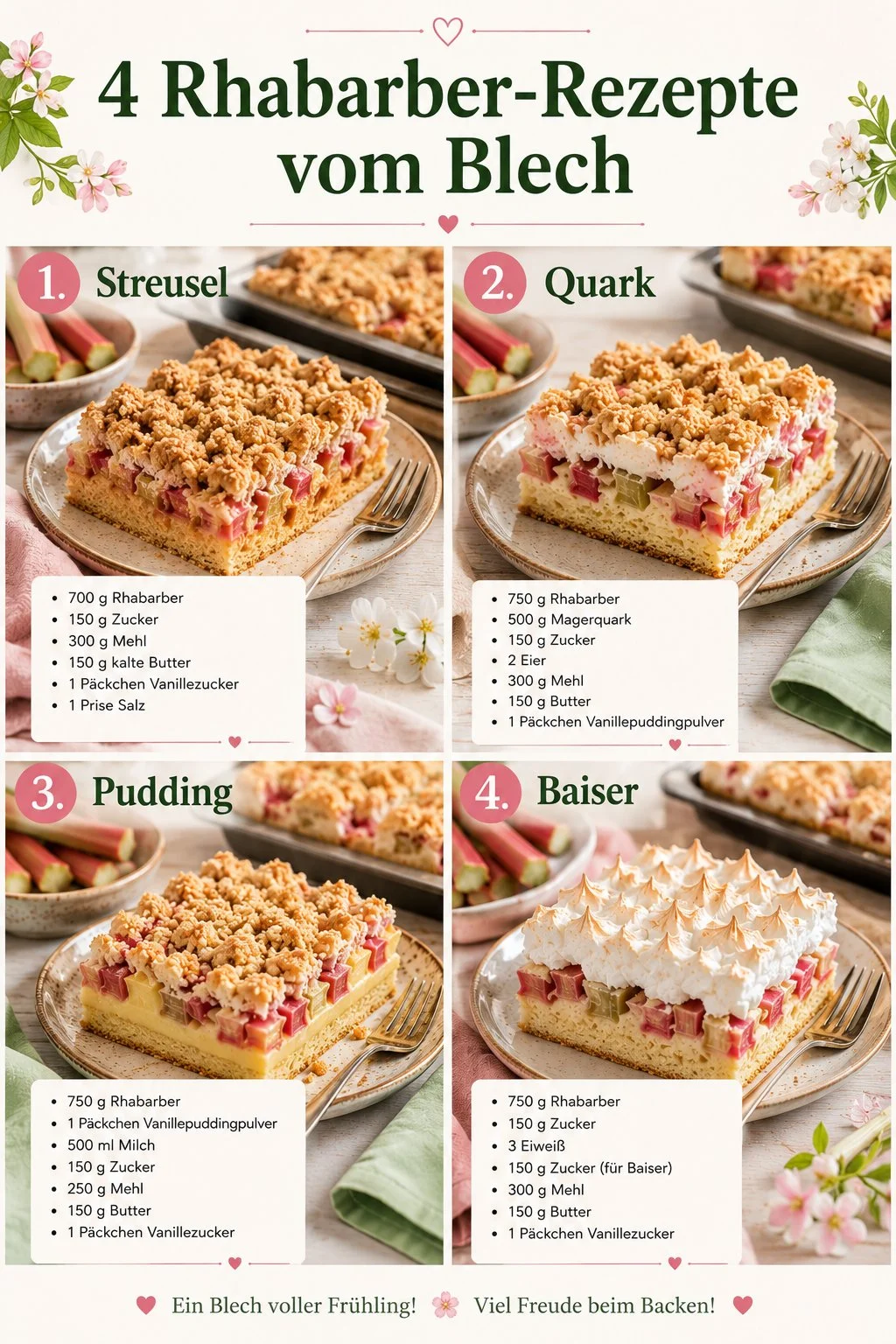 Köstliche Rhabarber-Rezepte vom Blech mit Streusel, Quark, Pudding und Baiser.