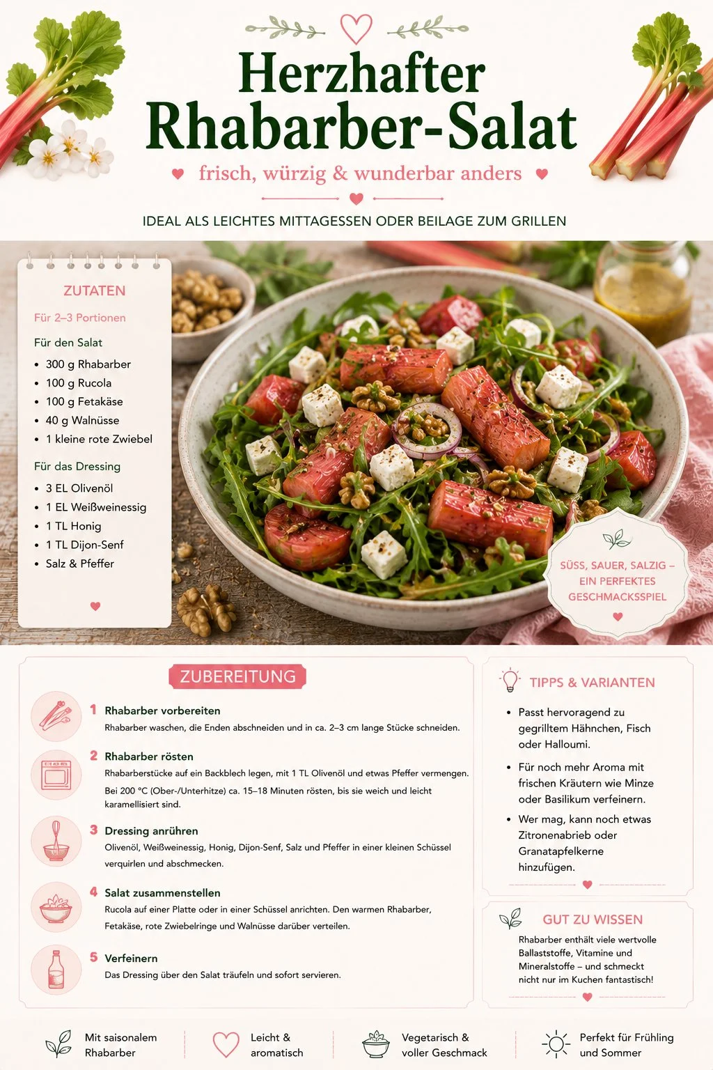Rhabarber-Salat mit Feta, Rucola und anderen frischen Zutaten auf einem Teller