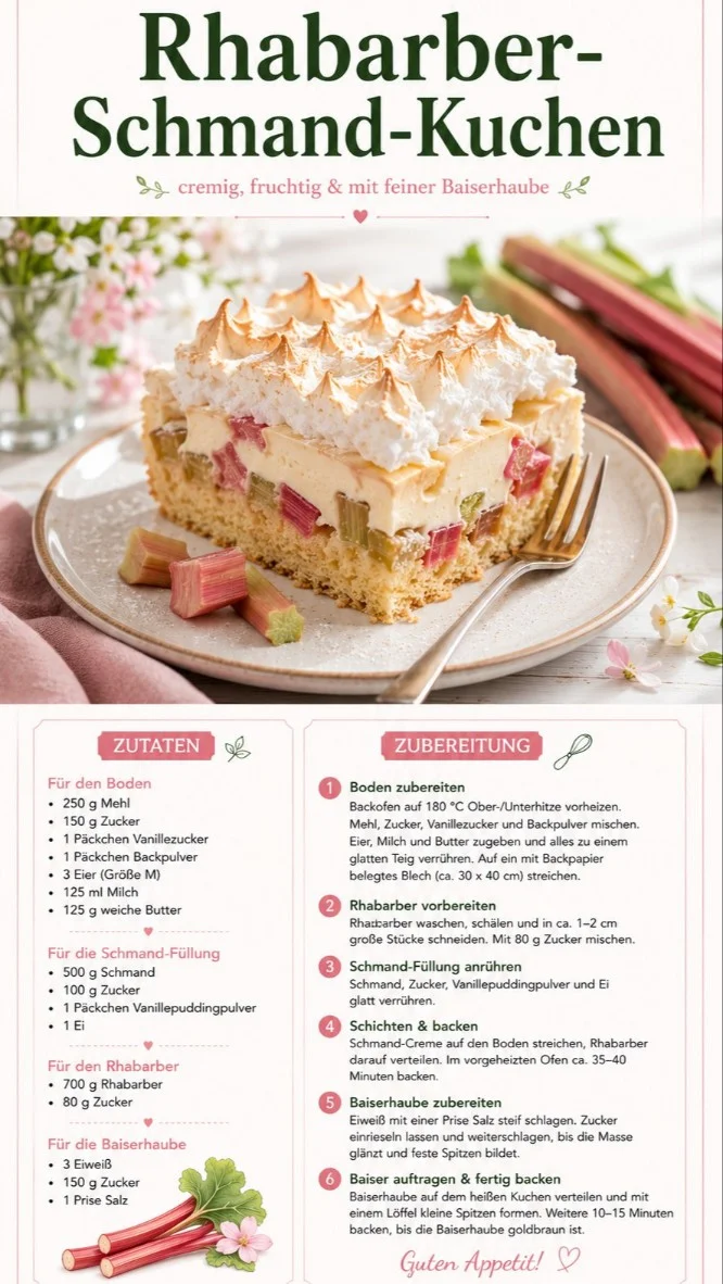 Rhabarber-Schmand-Kuchen mit Baiserkrone auf einem Kuchenstand