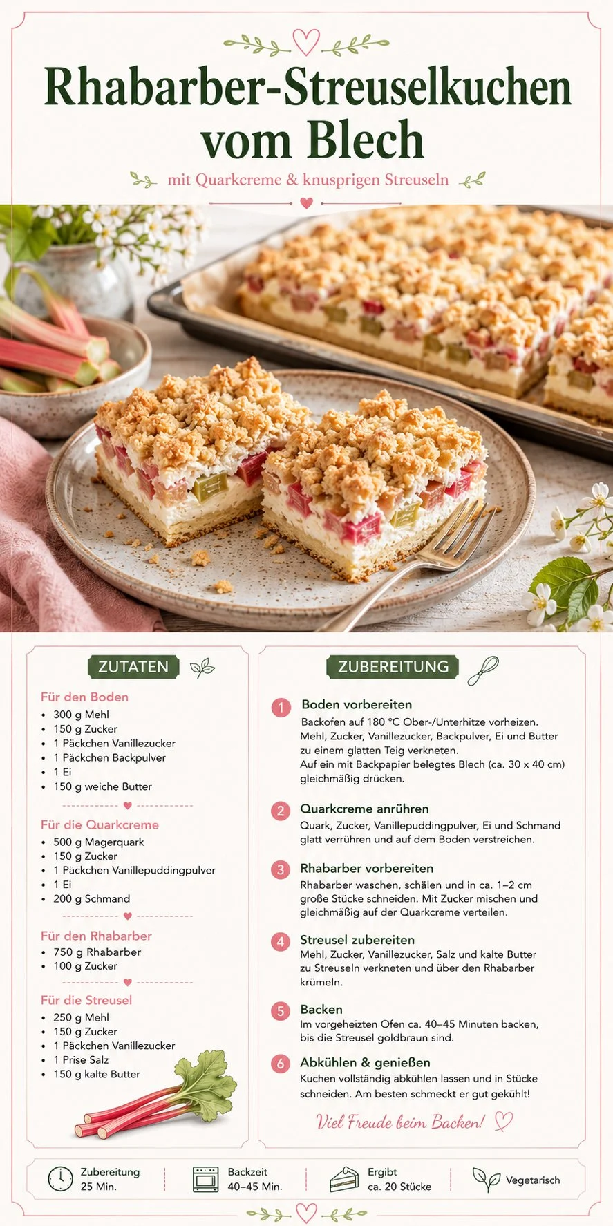 Rhabarber-Streuselkuchen vom Blech mit Quark auf einem gedeckten Tisch