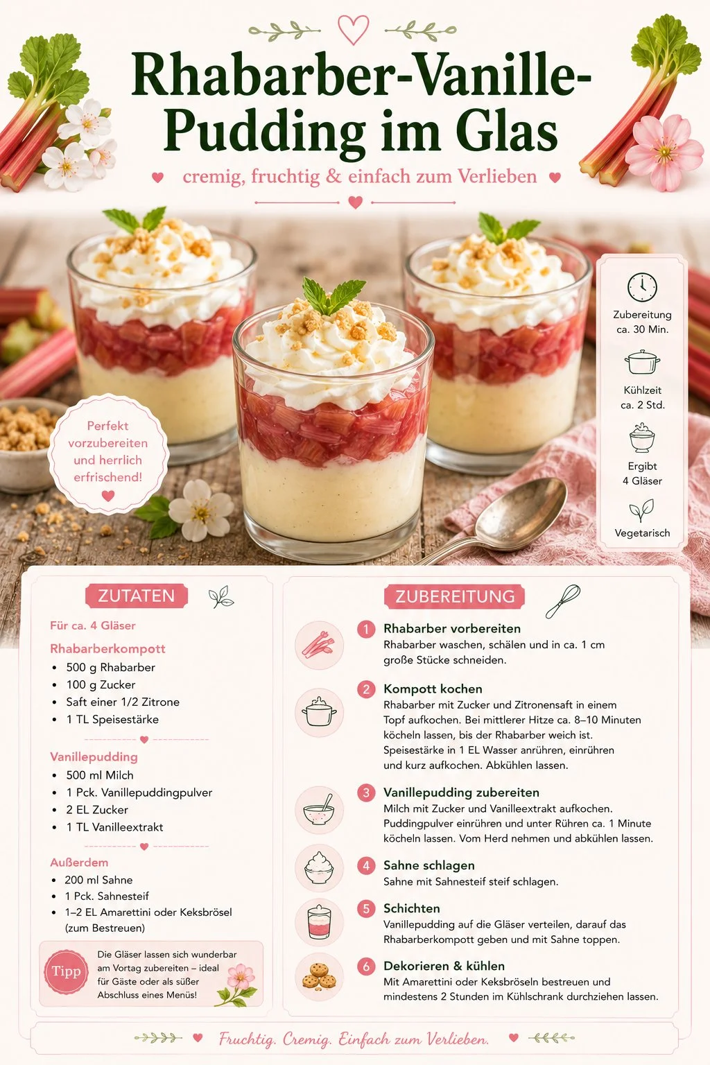 Rhabarber-Vanille-Pudding im Glas, dekorativ serviert