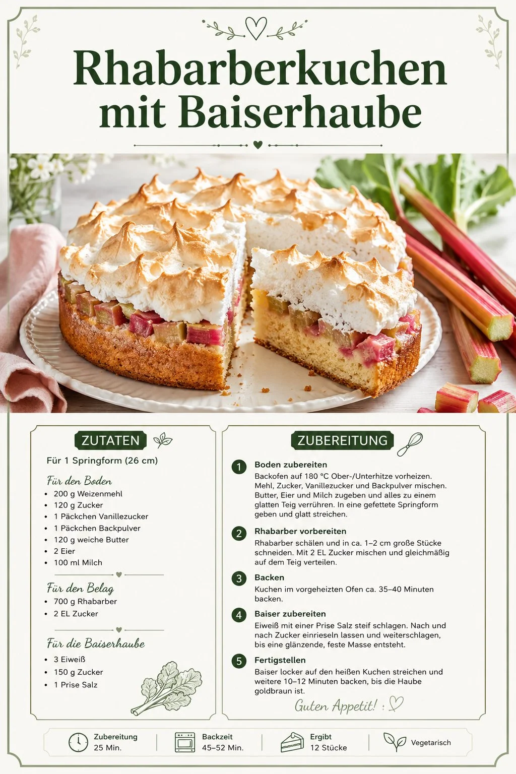 Rhabarberkuchen mit Baiserhaube auf einem Teller, appetitlich angerichtet