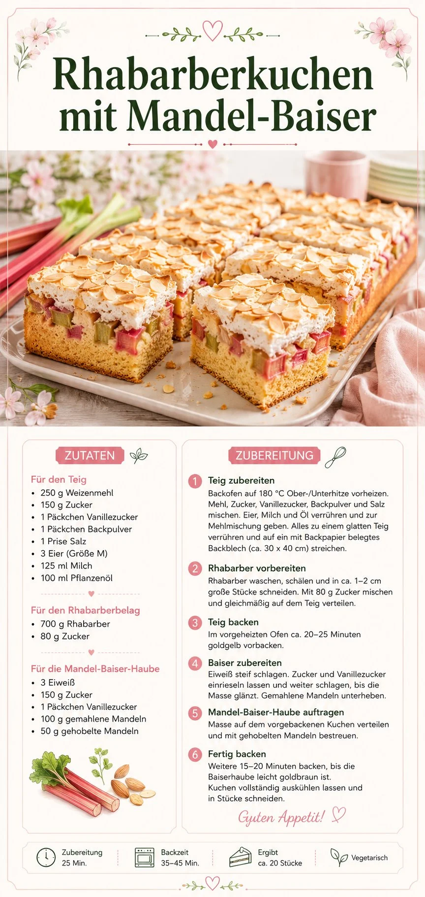 Leckerer Rhabarberkuchen mit Mandel-Baiser und Vanilleboden auf einem Teller