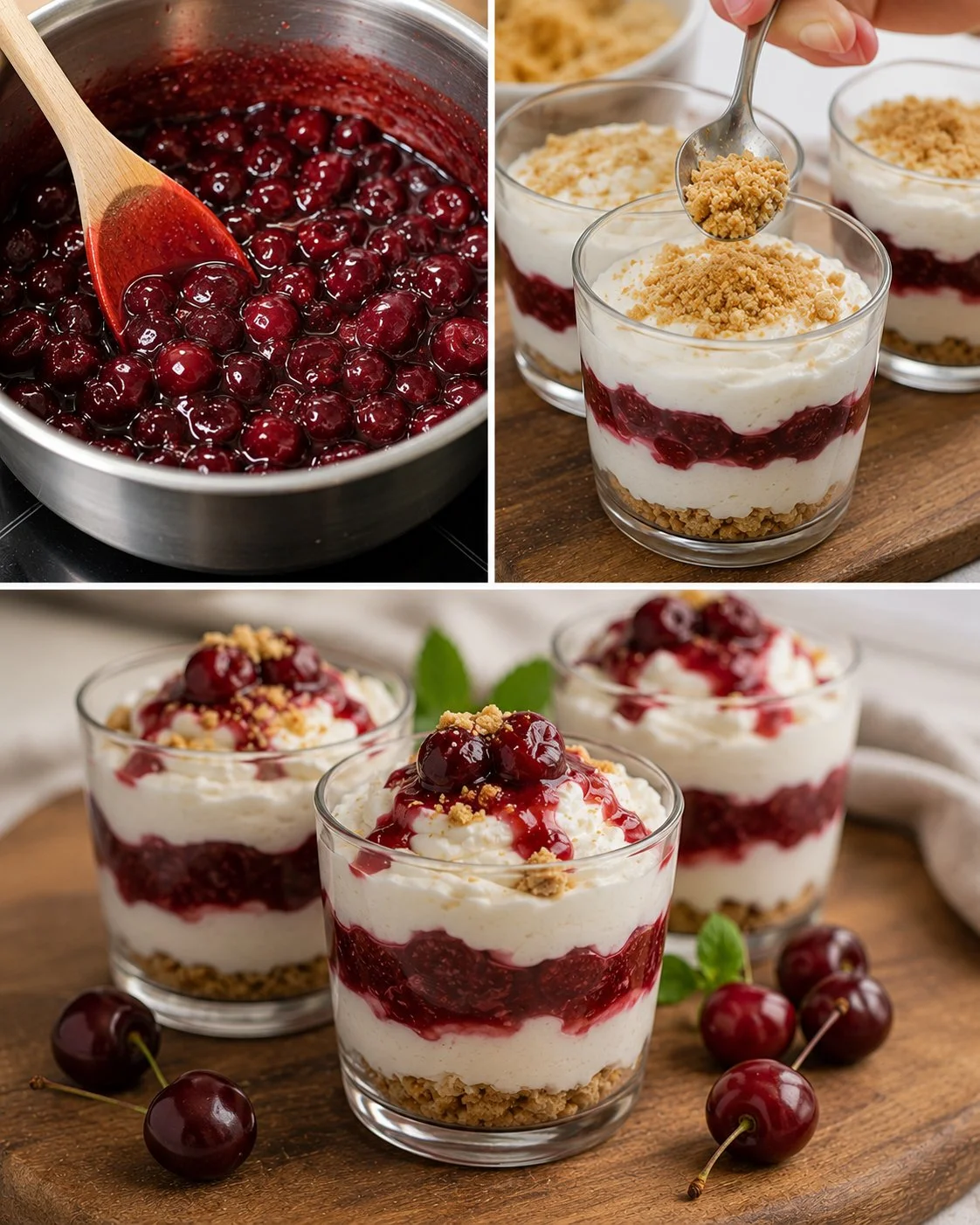 Köstliches Ricotta-Kirsch-Dessert im Glas serviert mit frischen Kirschen.