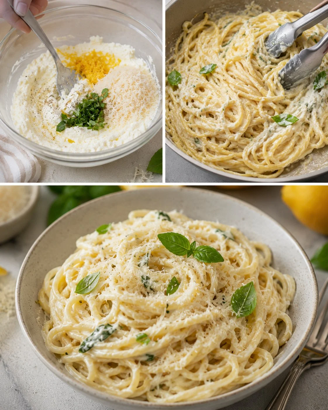 Ricotta-Zitronen-Pasta mit Basilikum auf einem Teller angerichtet
