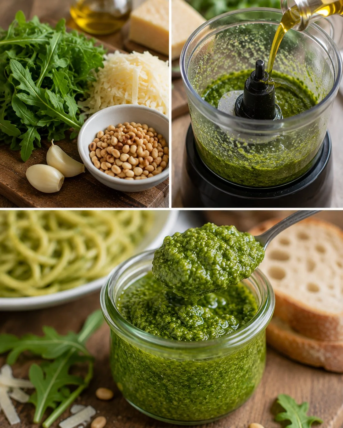 Rucola-Pesto mit Parmesan auf einem Teller serviert