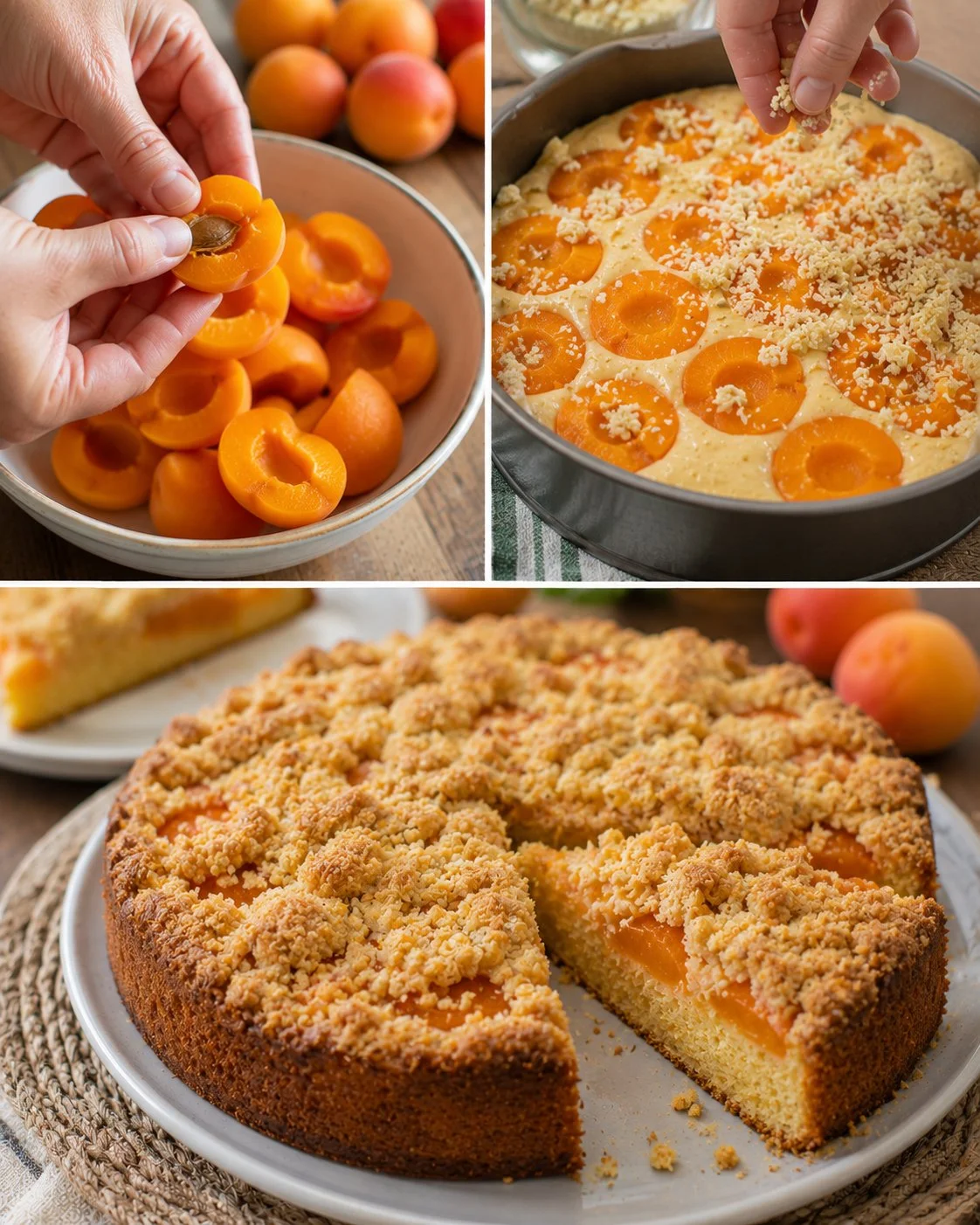 Saftiger Aprikosenkuchen mit Streuseln auf einem Holzbrett