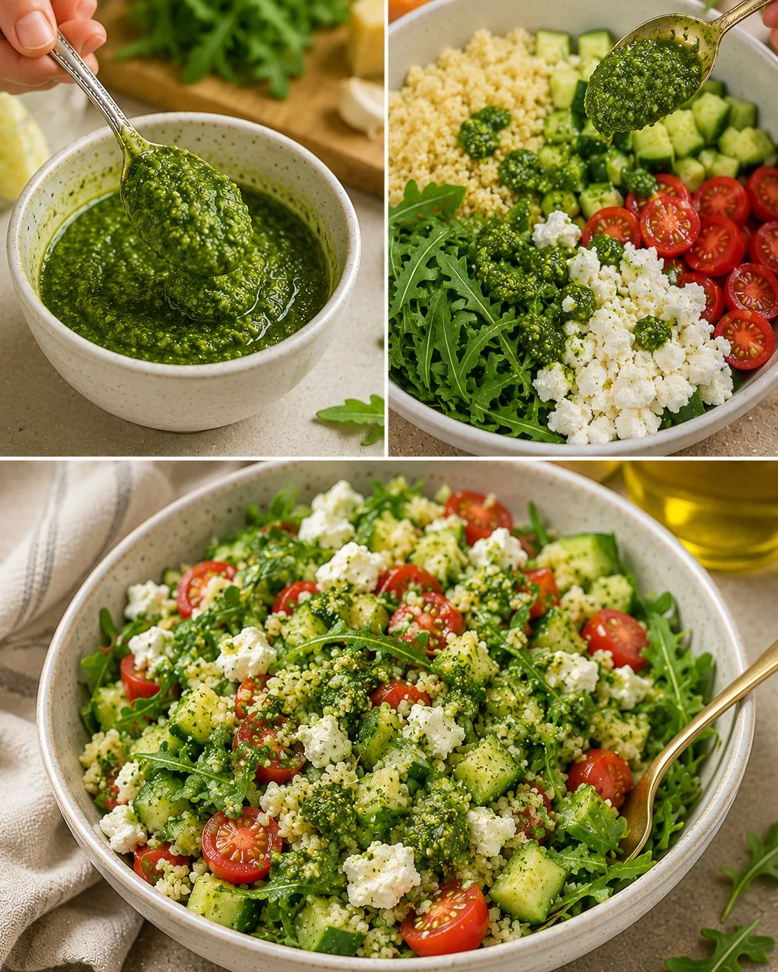 Salat Bowl mit Rucola-Pesto und Feta, frisch zubereitet