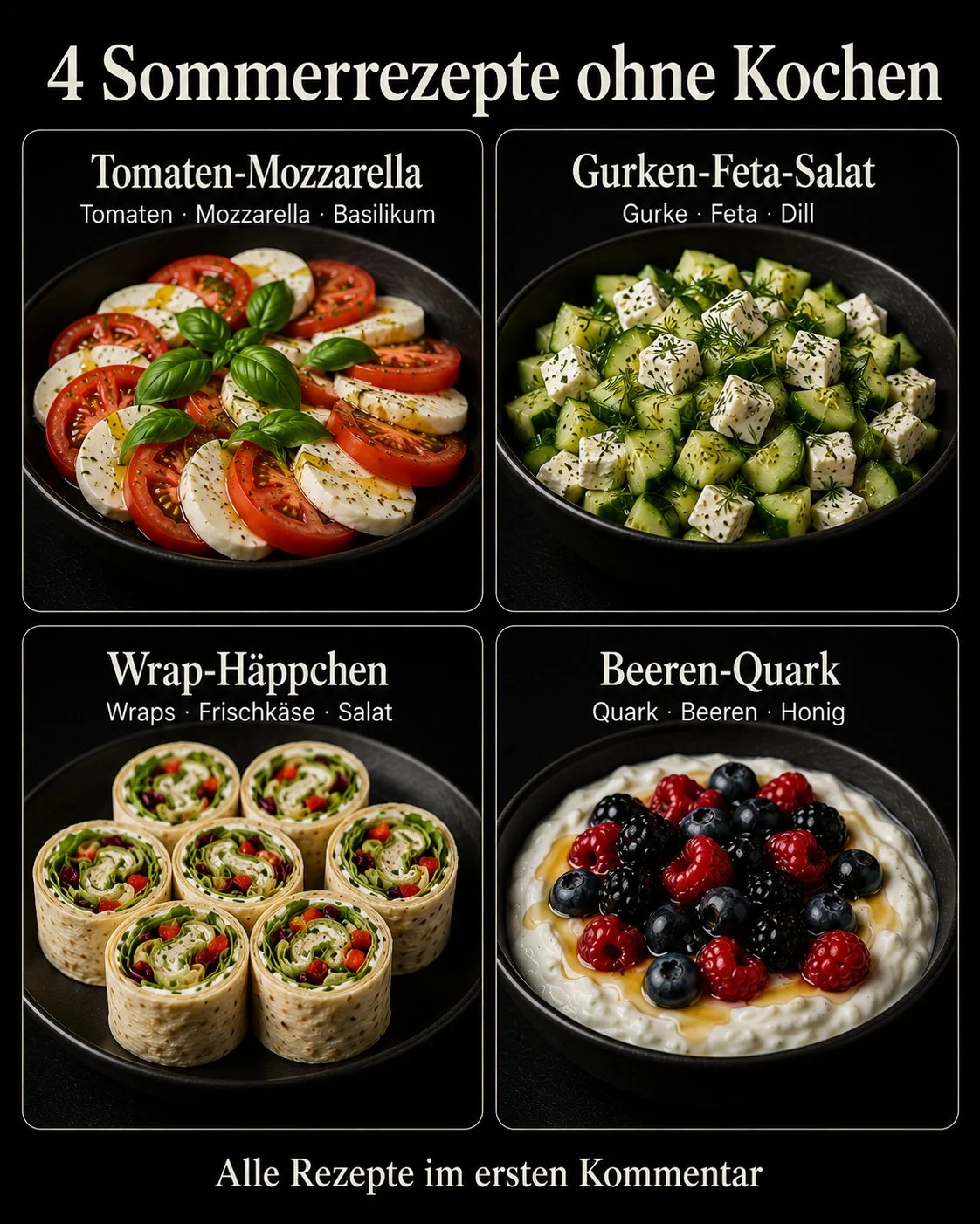 Eine Auswahl schneller Sommerrezepte ohne Kochen – perfekte Erfrischung für heiße Tage.