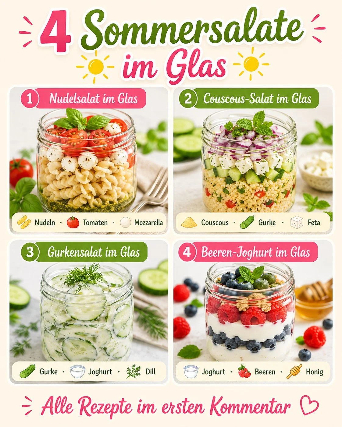 Schnelle Sommersalate im Glas mit einfachen Rezepten für den Sommer.