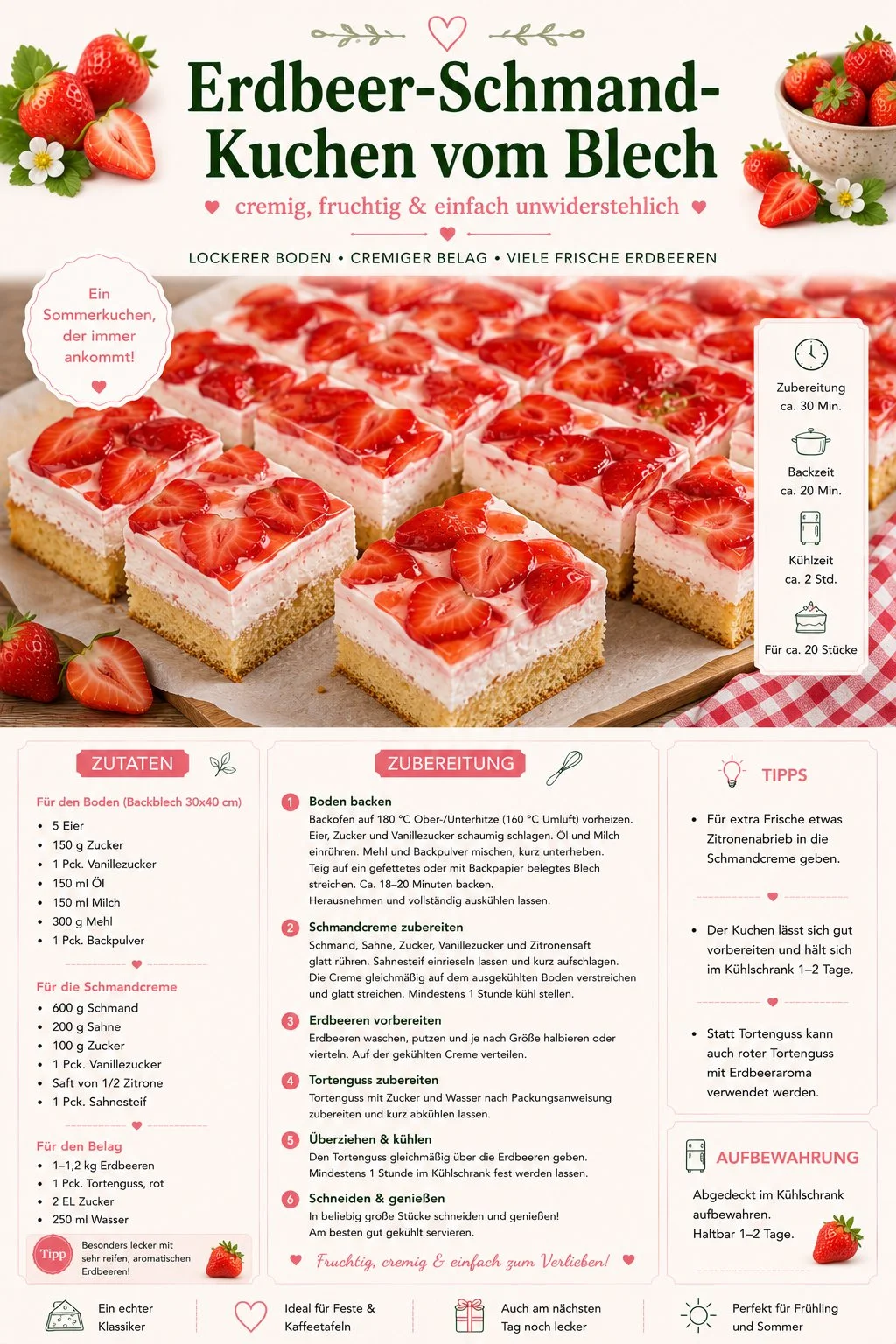 Einfacher Erdbeer-Schmand-Kuchen vom Blech auf einem Teller serviert