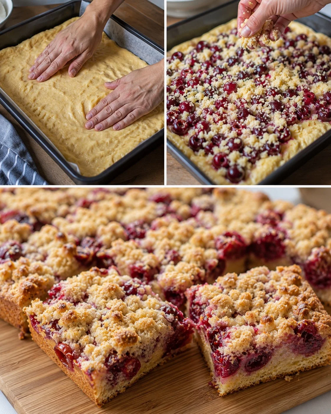 Schneller Kirsch-Streuselkuchen vom Blech auf einem weißen Teller serviert.