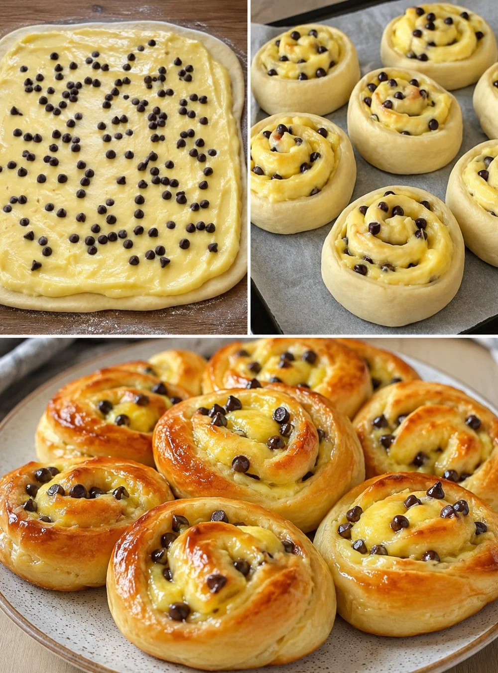 Frisch gebackene Schokoladenchip-Vanillepudding-Brioches auf einem Teller