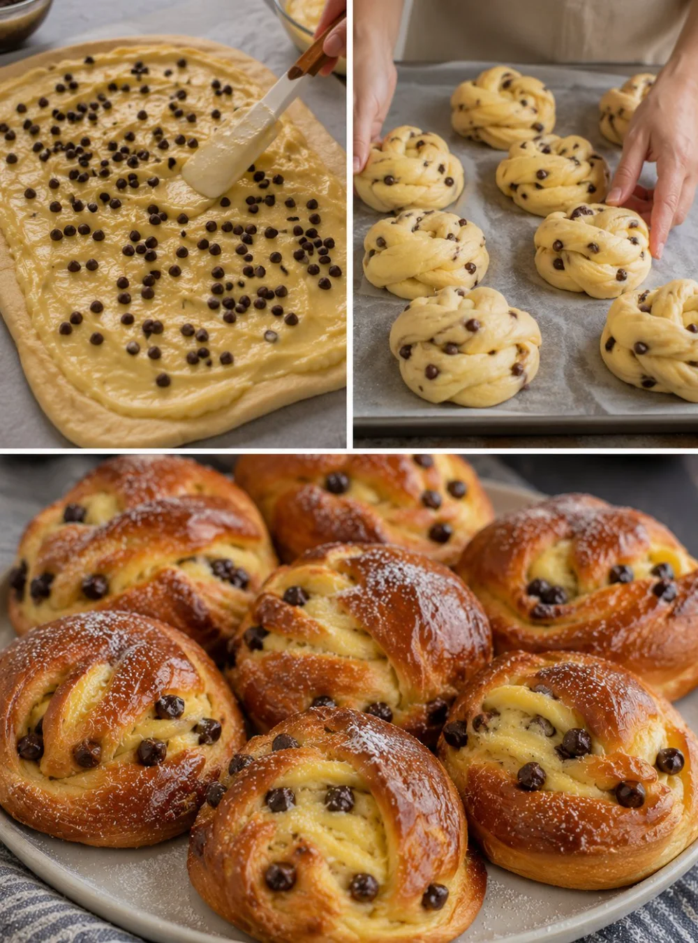 Schokoladenstückchen Vanillepudding Brioches frisch gebacken auf einem Teller