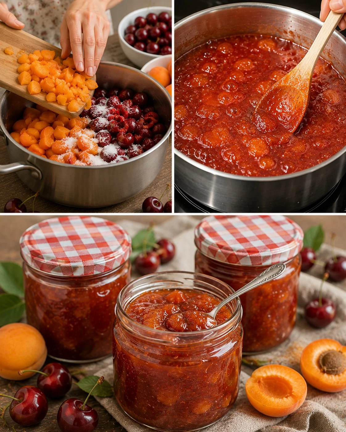 Selbstgemachte Kirsch-Aprikosen-Marmelade in einem Glas auf einem Holztisch
