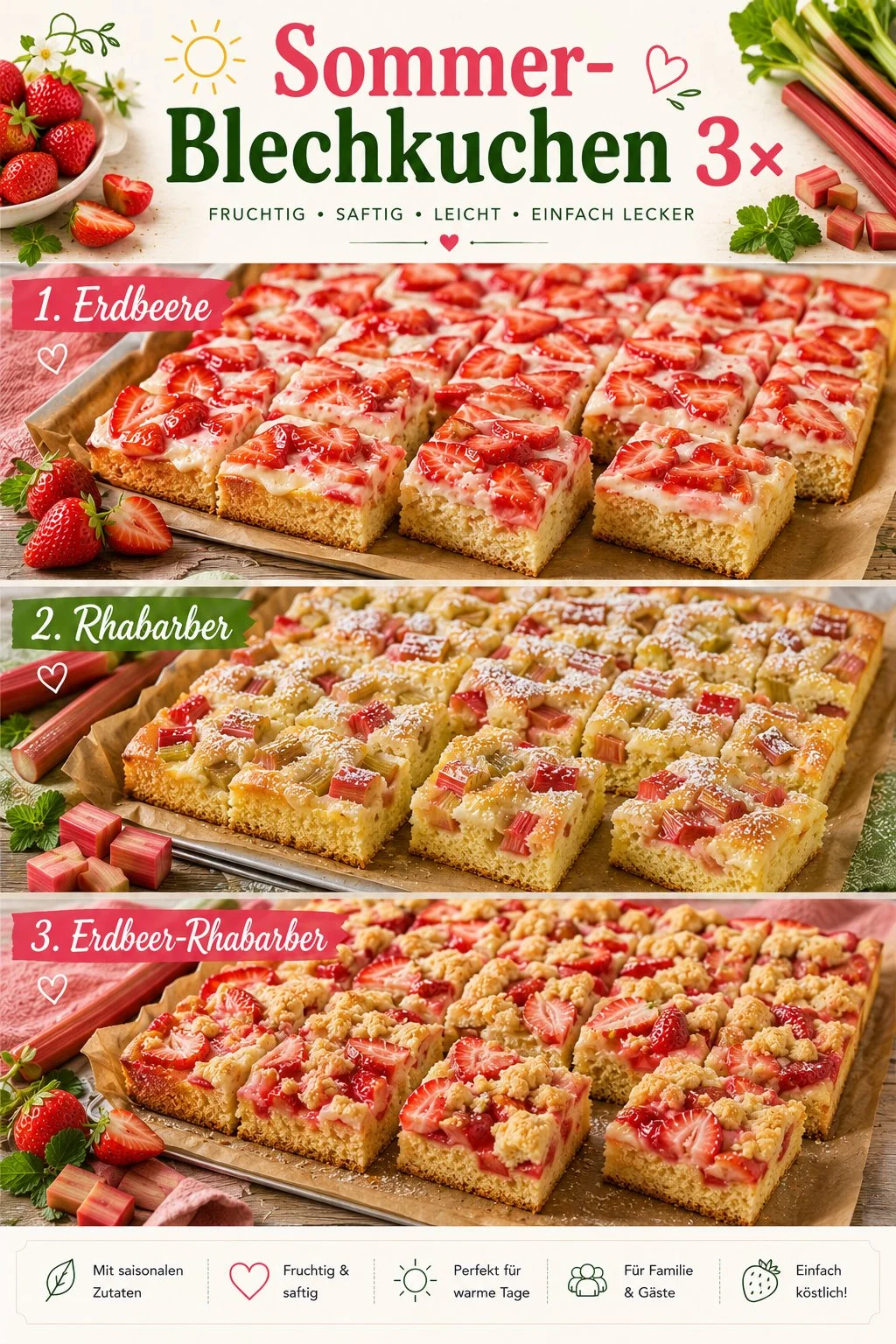 Sommer-Blechkuchen mit Erdbeeren und Rhabarber auf einem Backblech