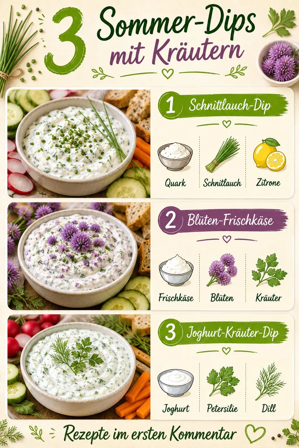 Frische Kräuter-Dips für den Sommer, zubereitet mit verschiedenen Kräutern.