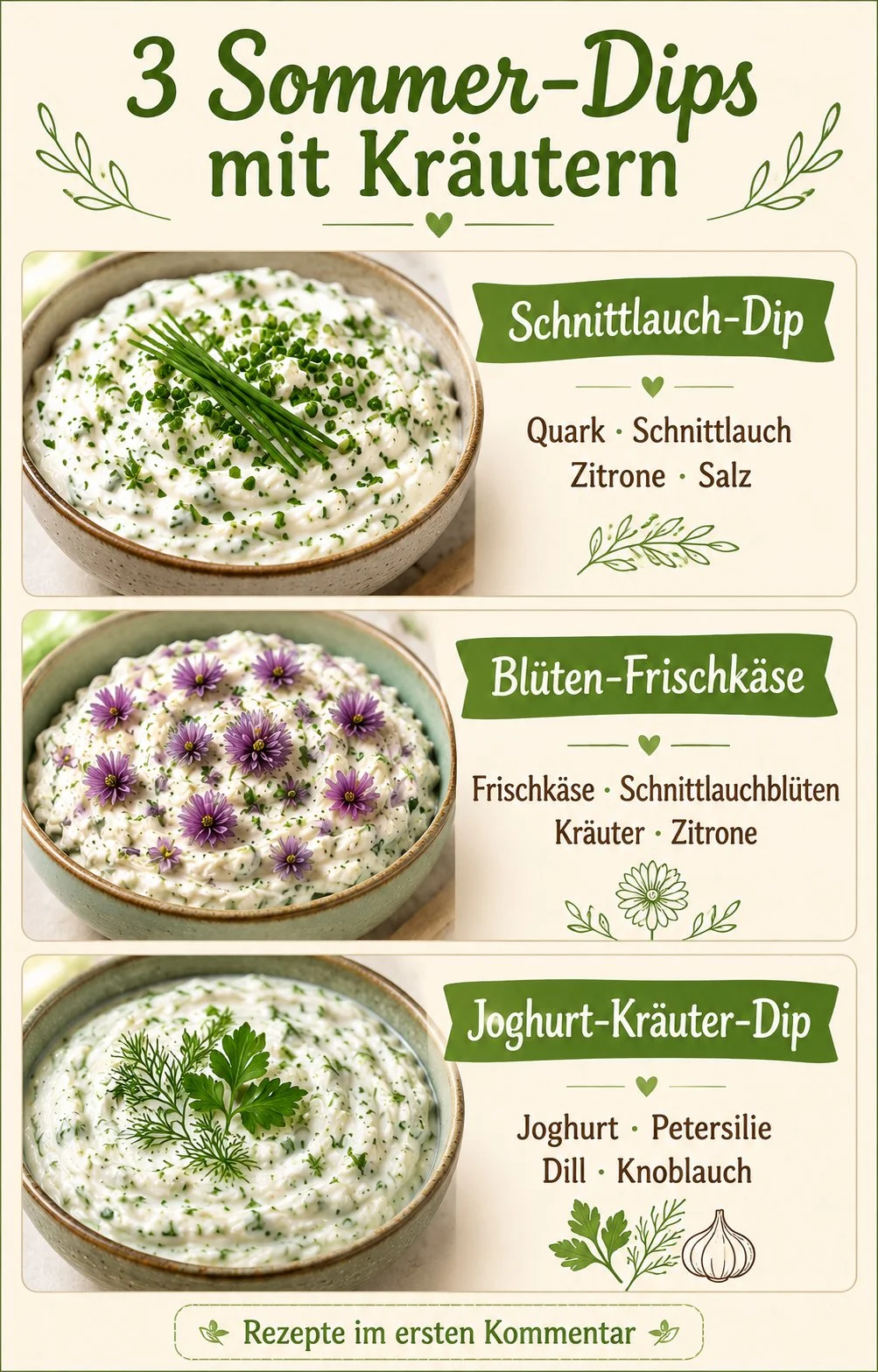 Leichte Sommer-Dips mit frischen Kräutern auf einem Tisch
