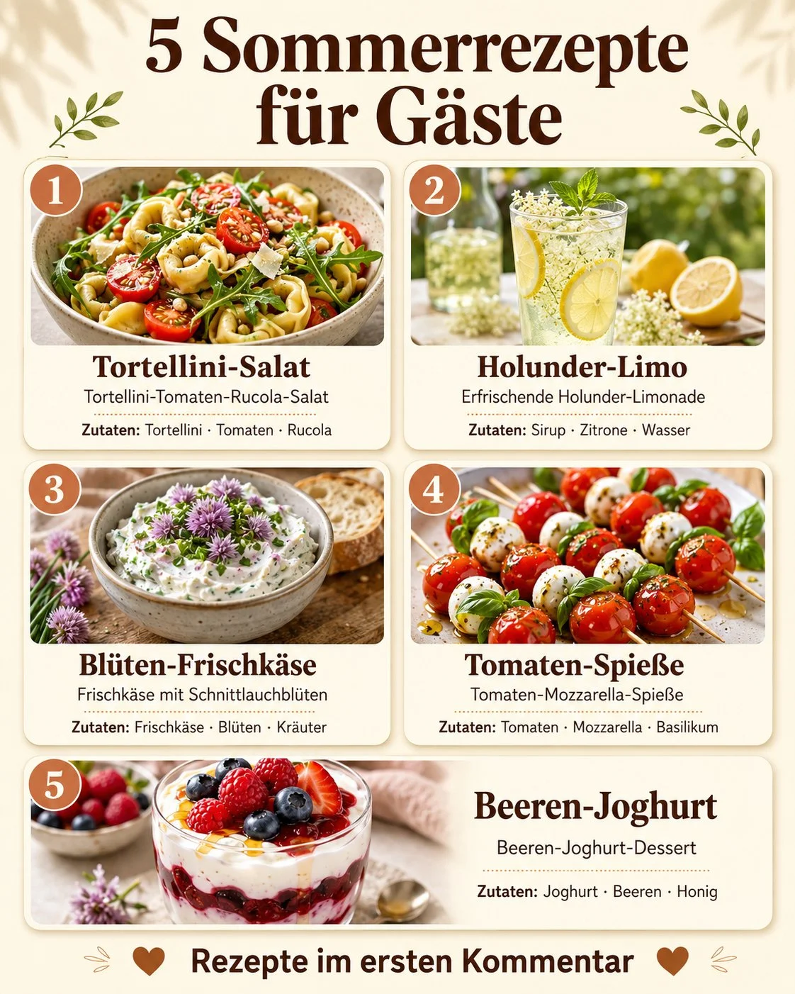 Leichte Sommer Rezepte für Gäste auf einem Tisch im Freien.