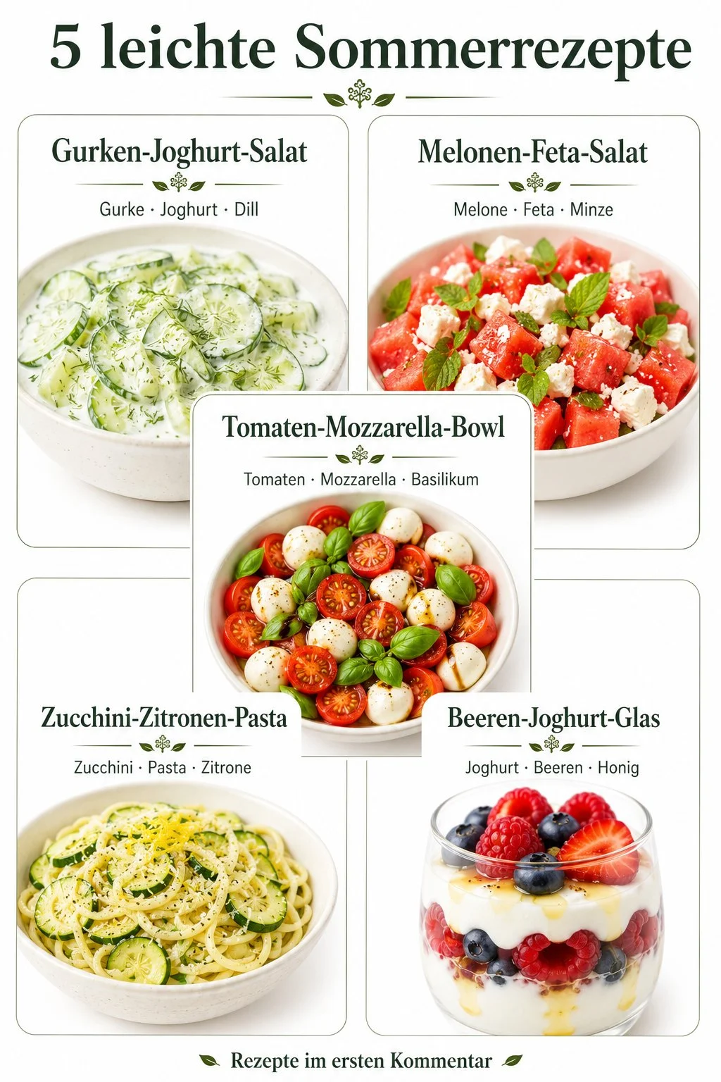 Erfrischende sommerleichte Rezepte für heiße Tage auf einem Tisch angerichtet.