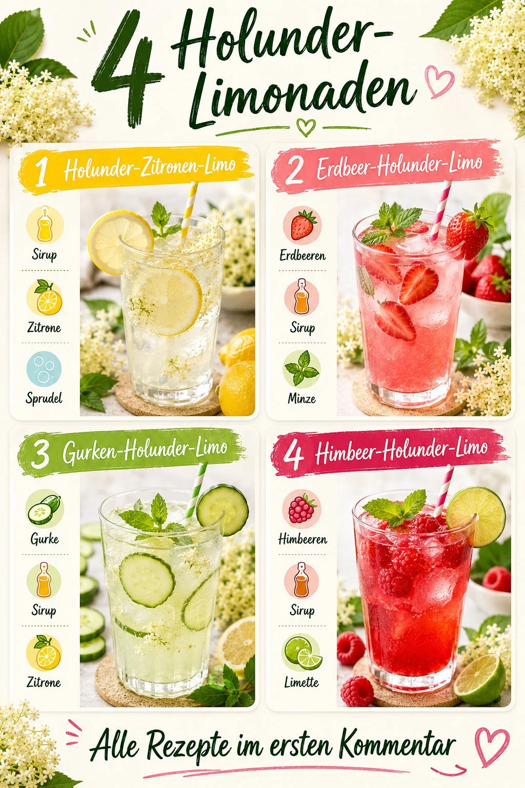 Sommerliche Limonade mit Holunder und frischen Früchten in einem Glas