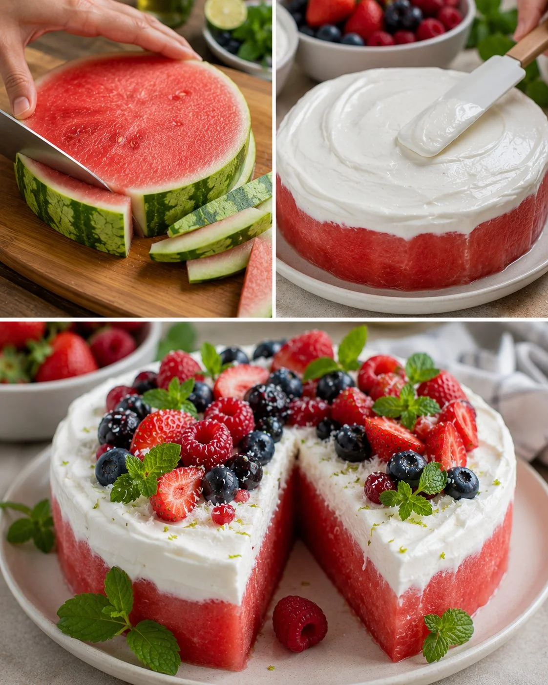 Sommerliche Wassermelonen-Torte mit Joghurtcreme auf einem Tisch serviert.