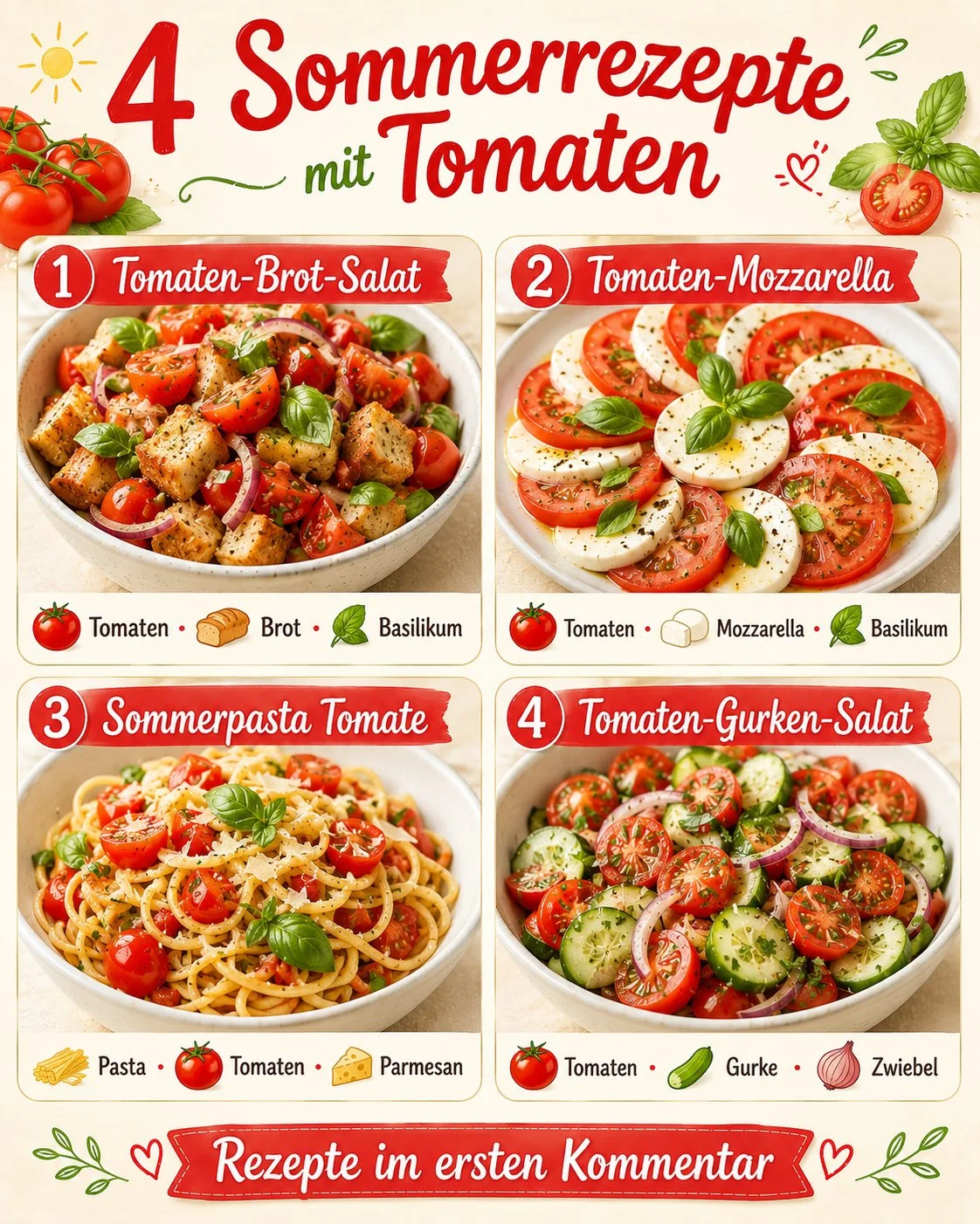 Verschiedene Sommergerichte mit frischen Tomaten auf einem Tisch