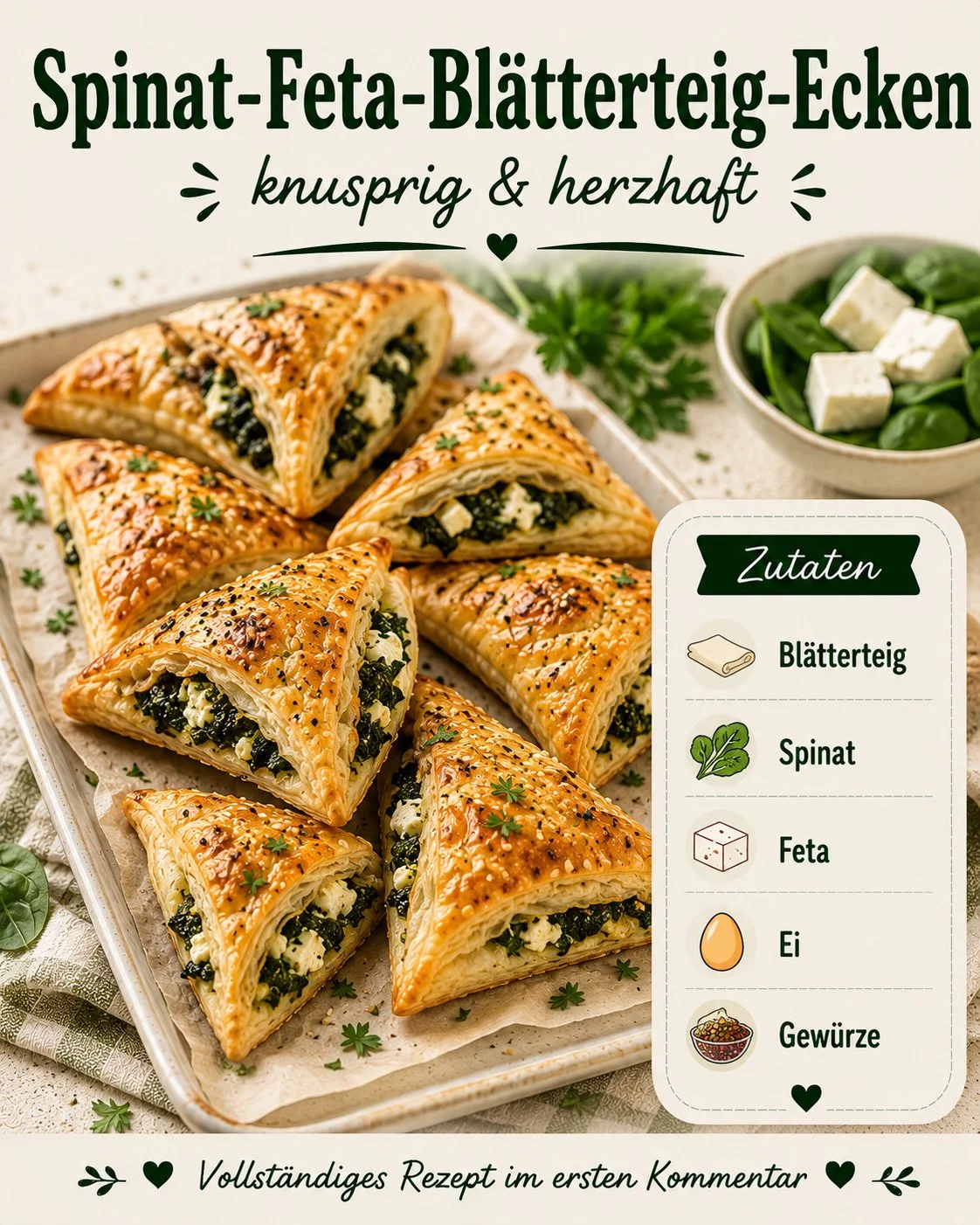 Delikate Spinat-Feta-Blätterteig-Ecken frisch aus dem Ofen