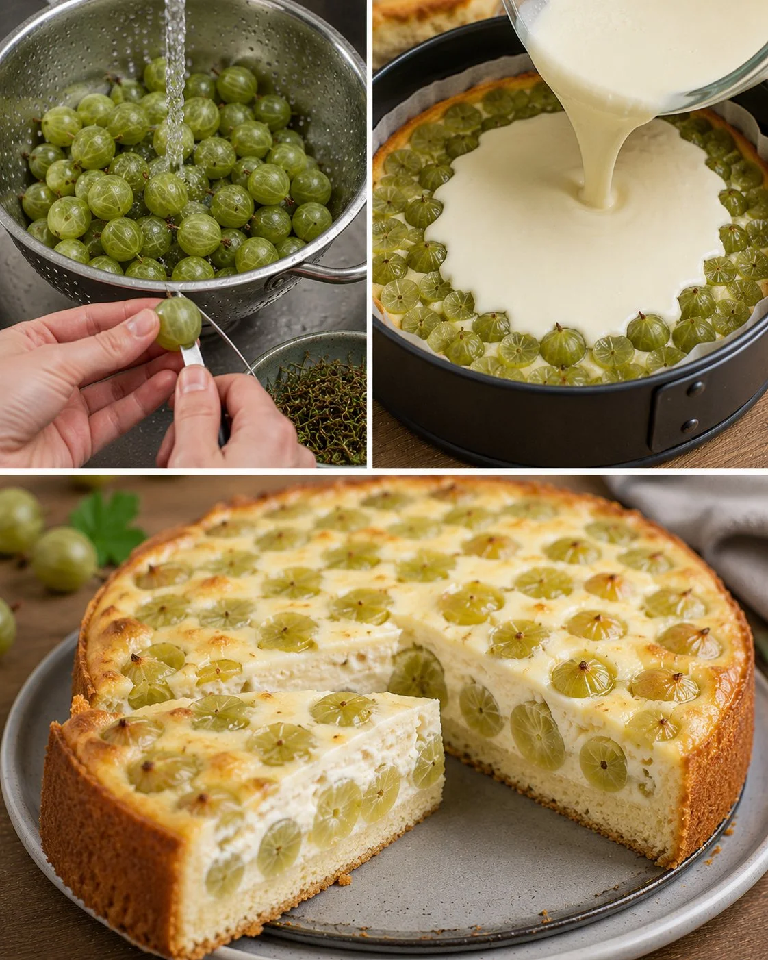 Leckerer Stachelbeerkuchen mit Schmandguss auf einem weißen Teller