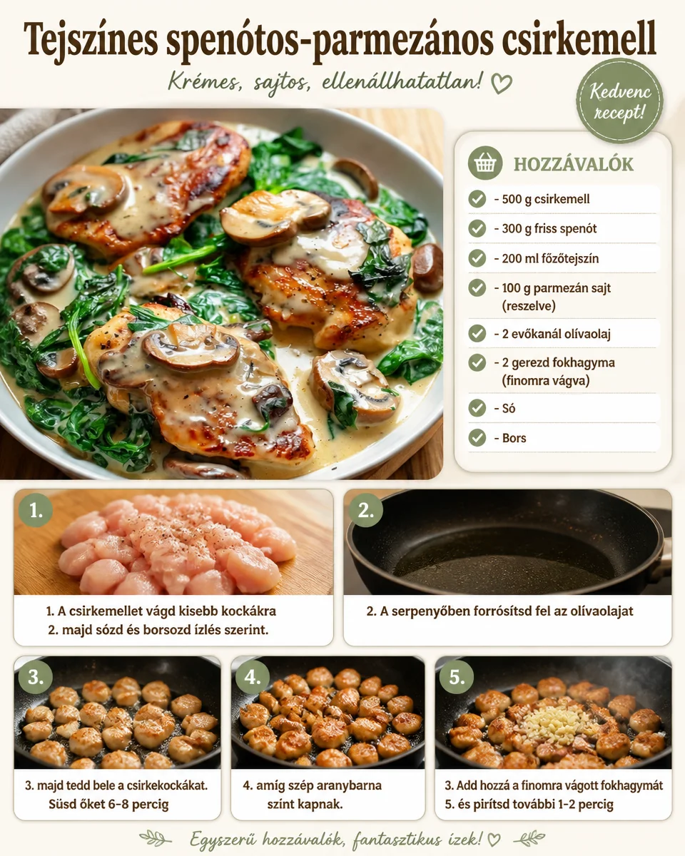 Tejszínes spenótos csirkemell mit Spinat und Parmesan, köstliches Hähnchenrezept
