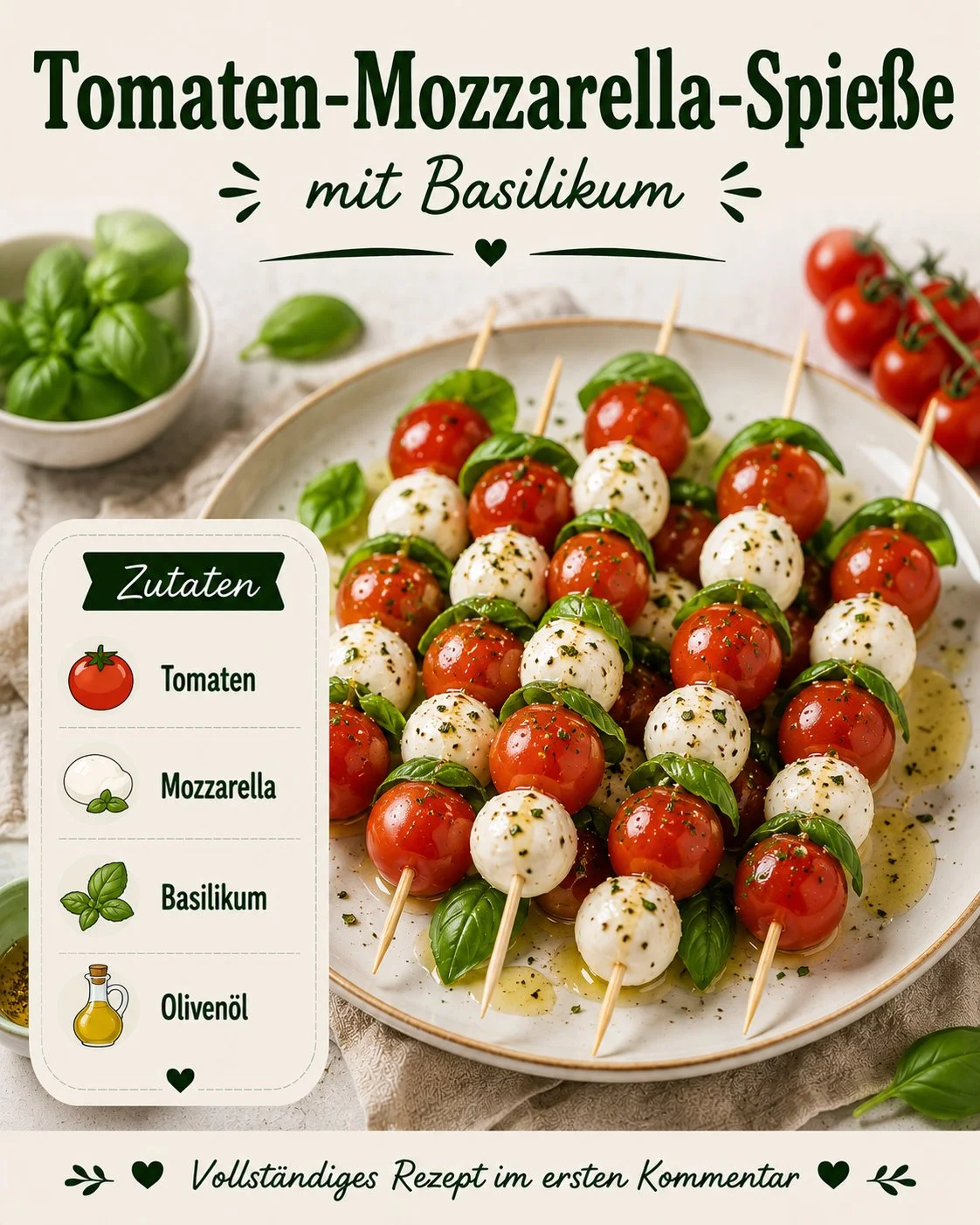 Tomaten-Mozzarella-Spieße mit frischem Basilikum auf einem dekorativen Teller.