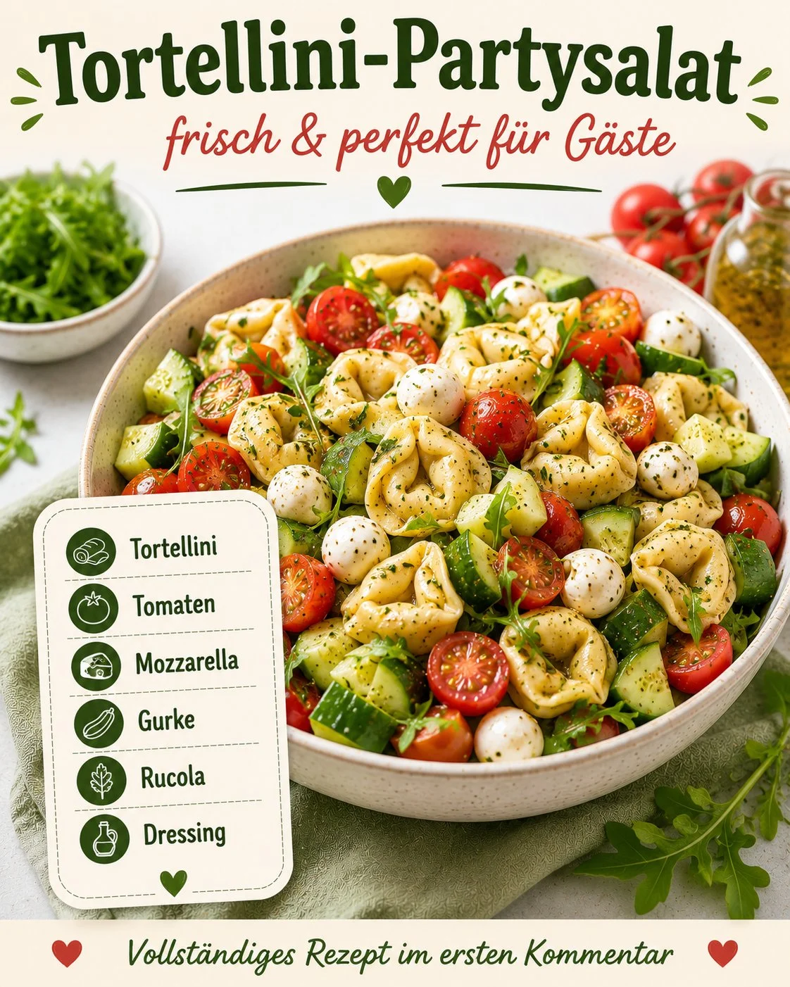 Tortellini-Partysalat mit frischen Tomaten und Mozzarella auf einem Teller