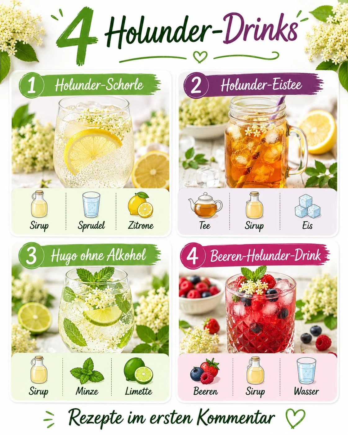 Vier verschiedene Holunder-Drinks für Garten und Balkon