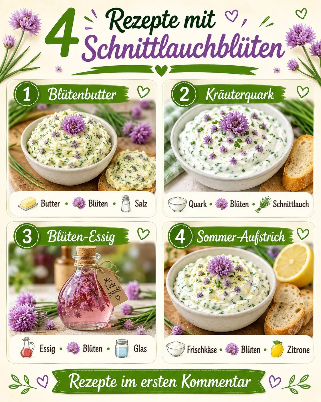 Vier Rezepte mit Schnittlauchblüten und Kräutern auf einem Holzbrett