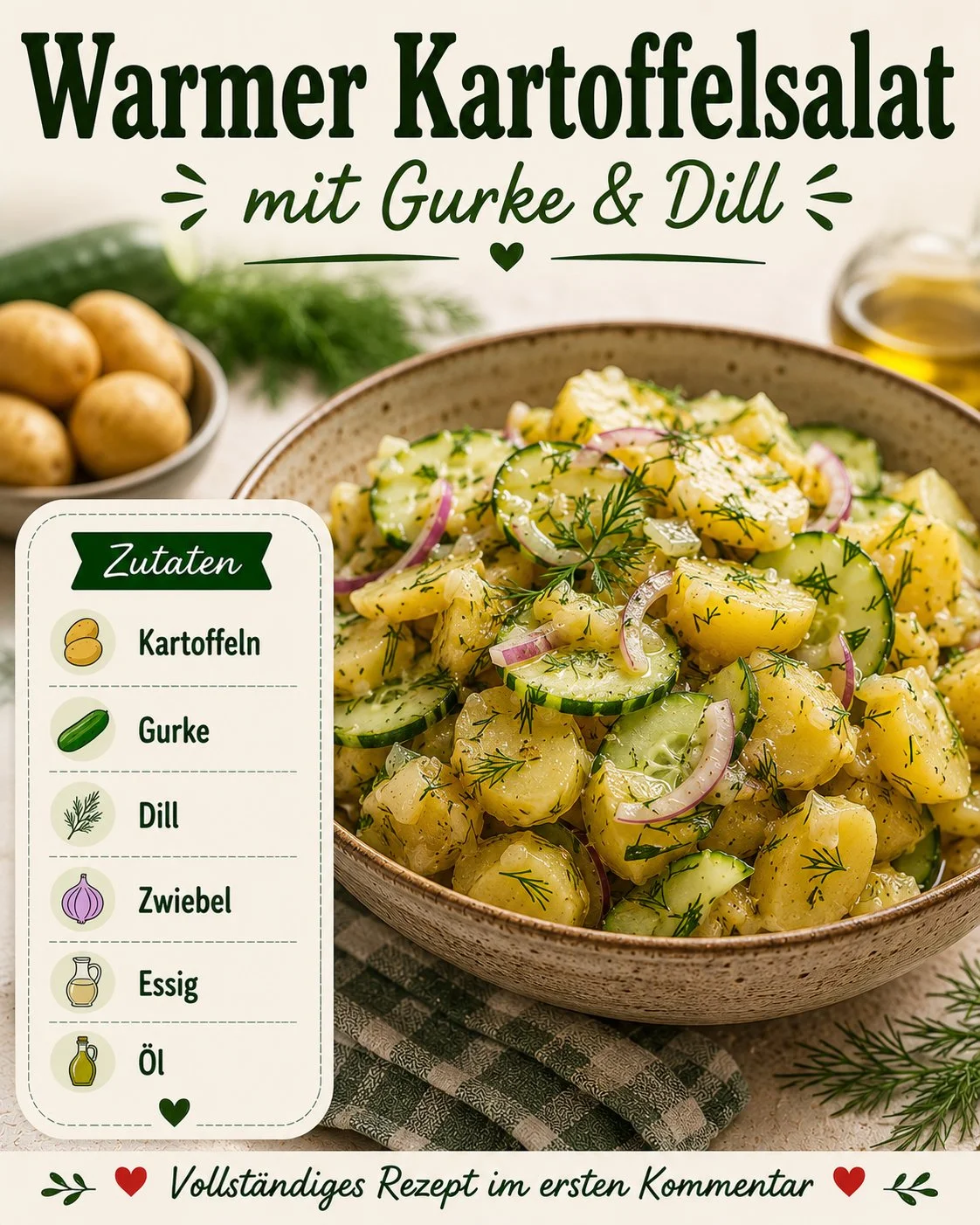 Warmer Kartoffelsalat mit Gurke und Dill in einer Schüssel serviert.