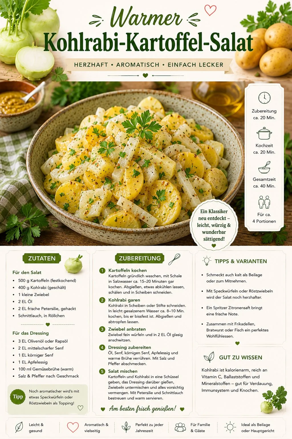 Warmer Kohlrabi-Kartoffel-Salat mit Senfdressing in einer Schüssel serviert