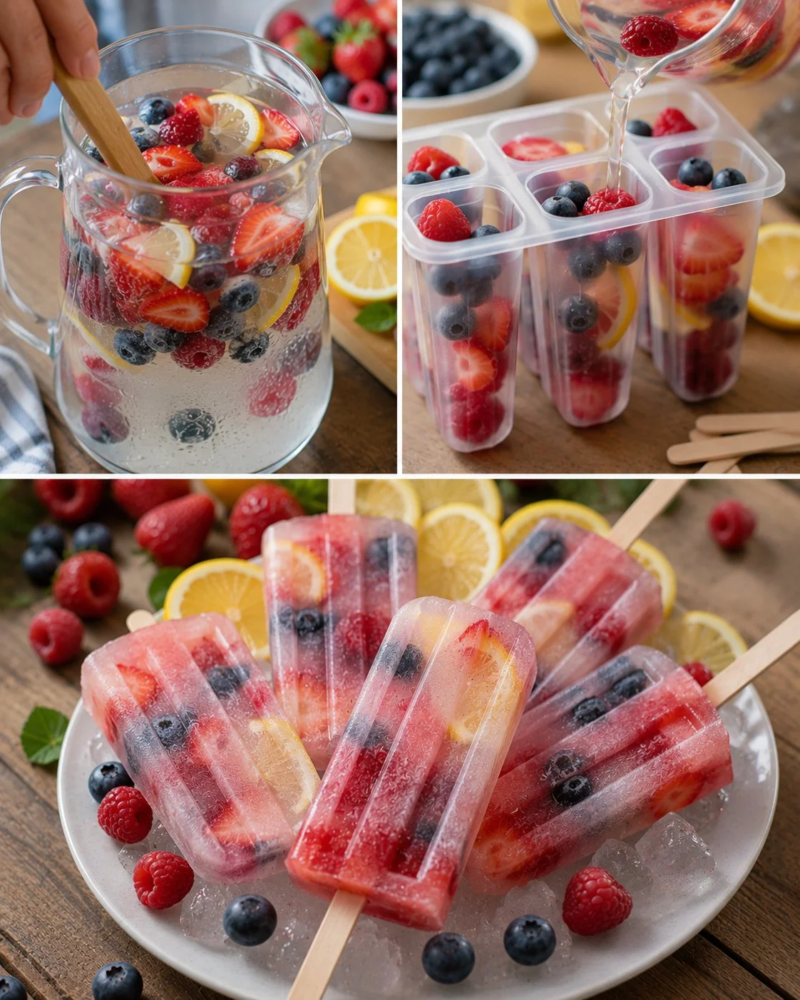 Wassereis mit frischen Beeren und Zitrone serviert in einem bunten Becher