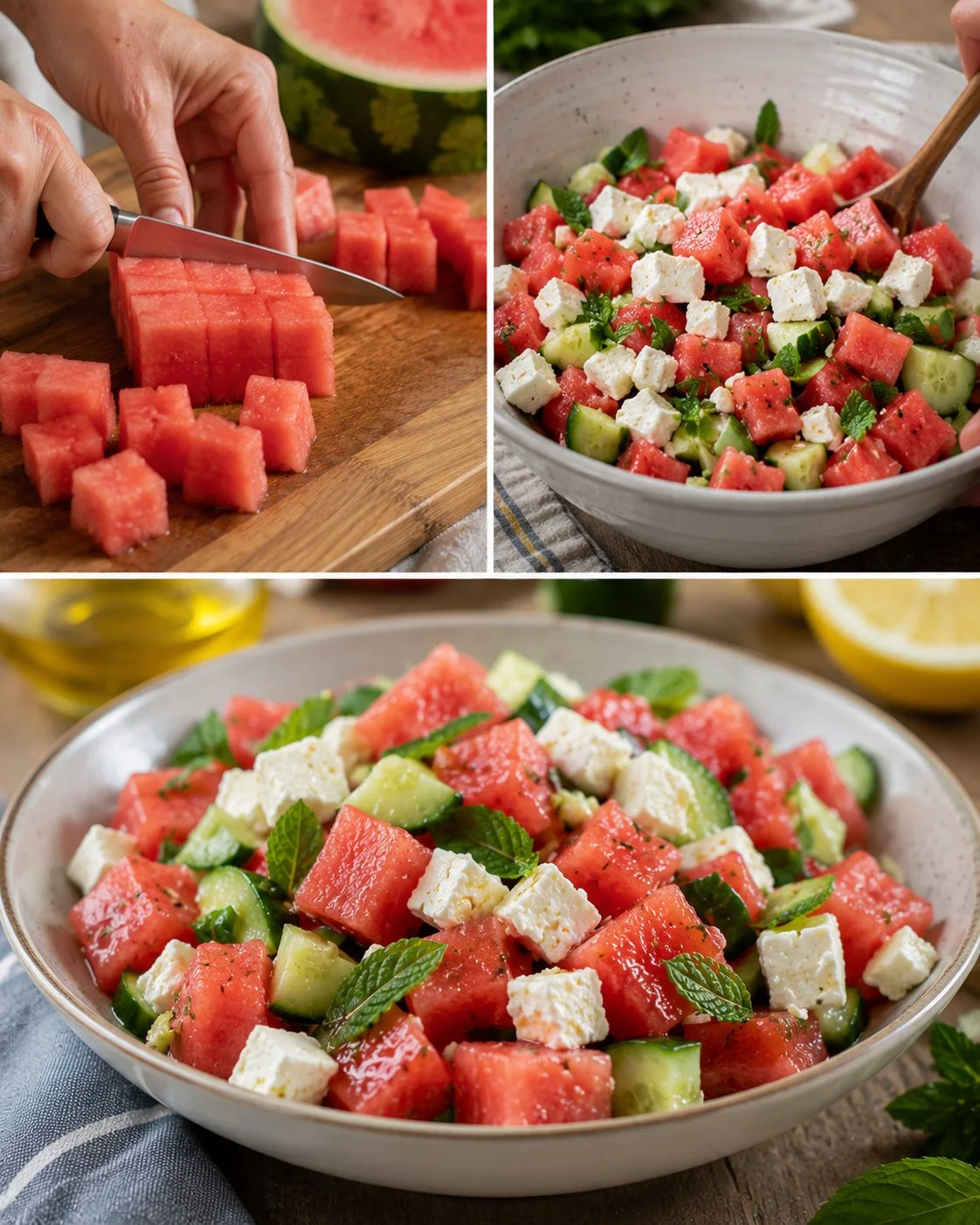 Erfrischender Wassermelone-Feta-Salat mit Minze auf einem Teller