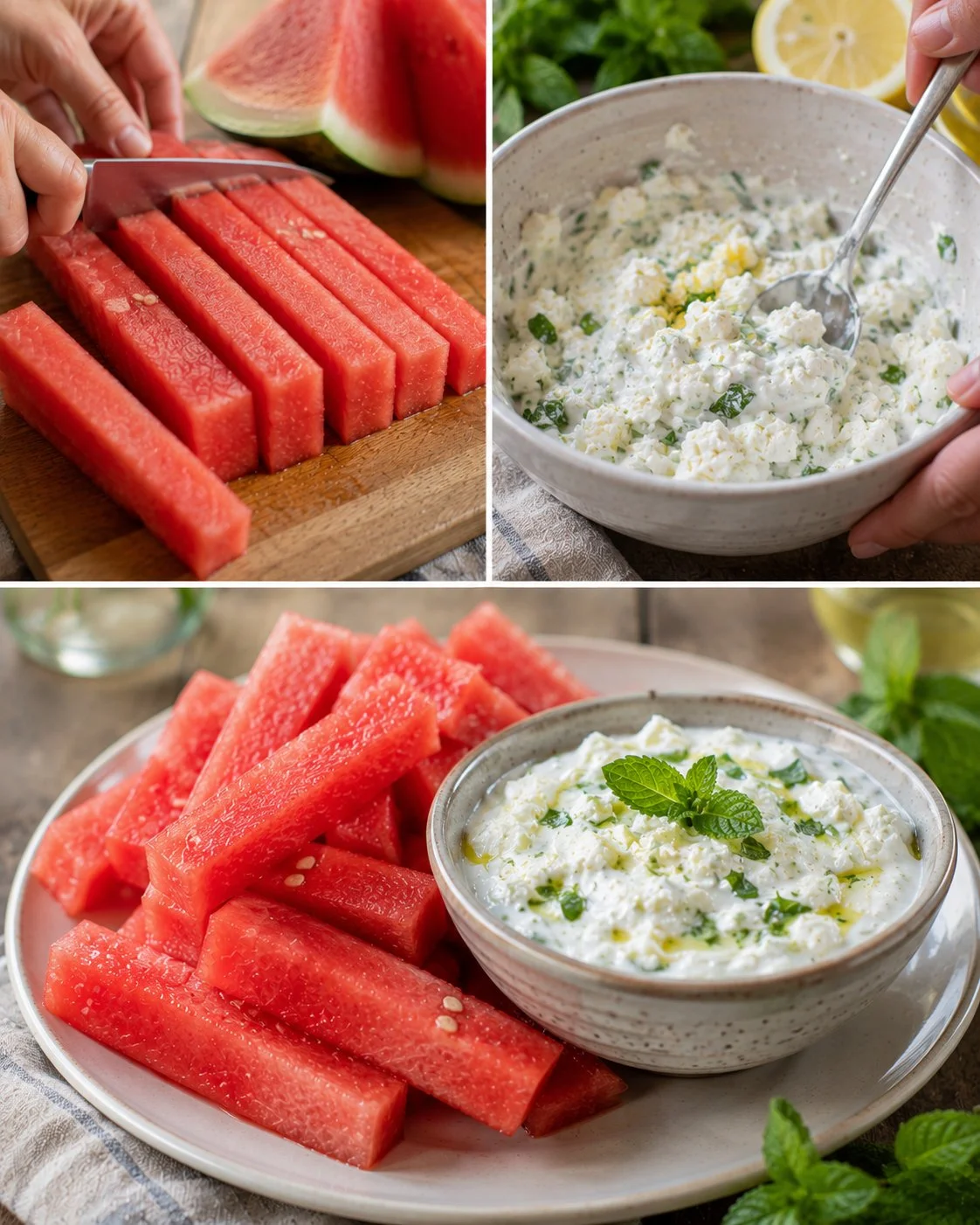 Erfrischende Wassermelonen-Sticks mit Feta-Dip auf einem Teller