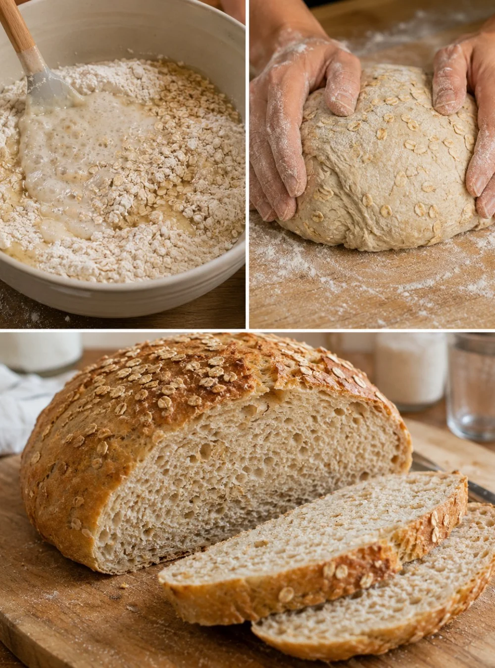 Weiches Honig-Hafer-Sauerteigbrot auf einem Holzbrett, leicht zu schneiden