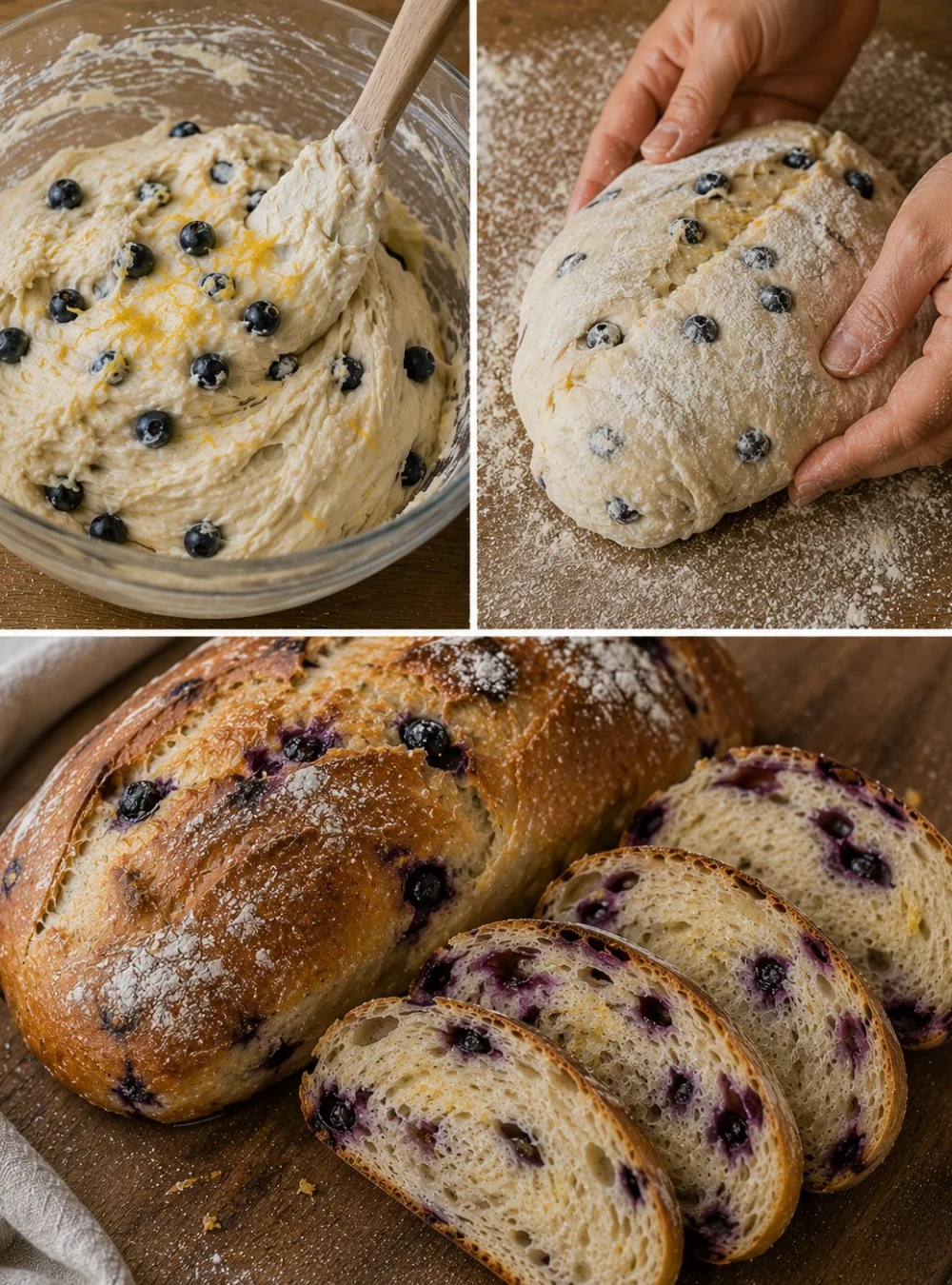 Zitronen-Blaubeerbrot auf einem Holzbrett präsentiert, ideal für Frühstück.