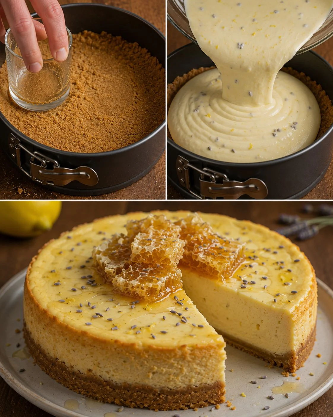Zitronen-Lavendel Käsekuchen mit Honigwaben auf einem Tisch