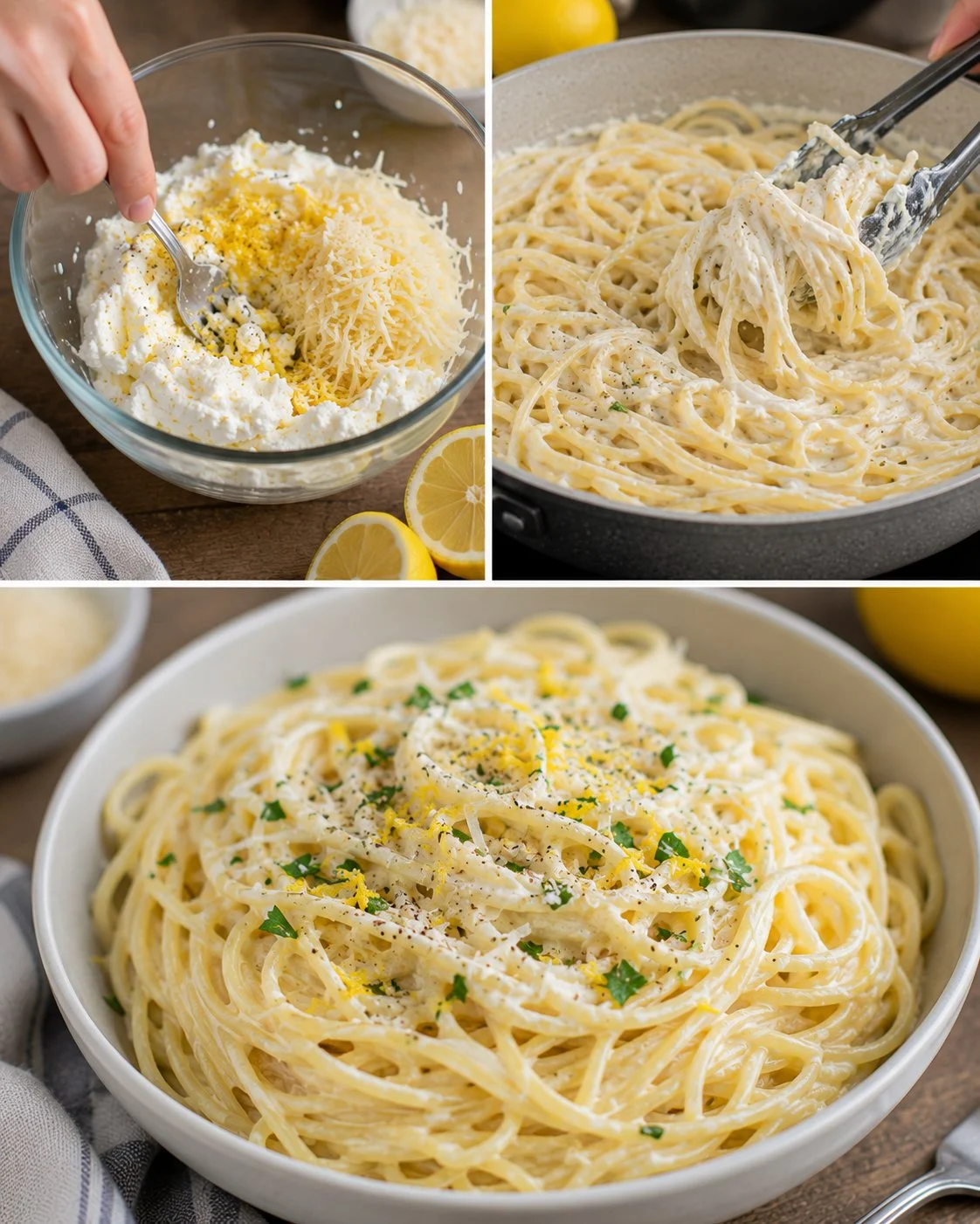 Zitronenpasta mit Ricotta auf einem Teller serviert, perfekt für eine schnelle Mahlzeit.