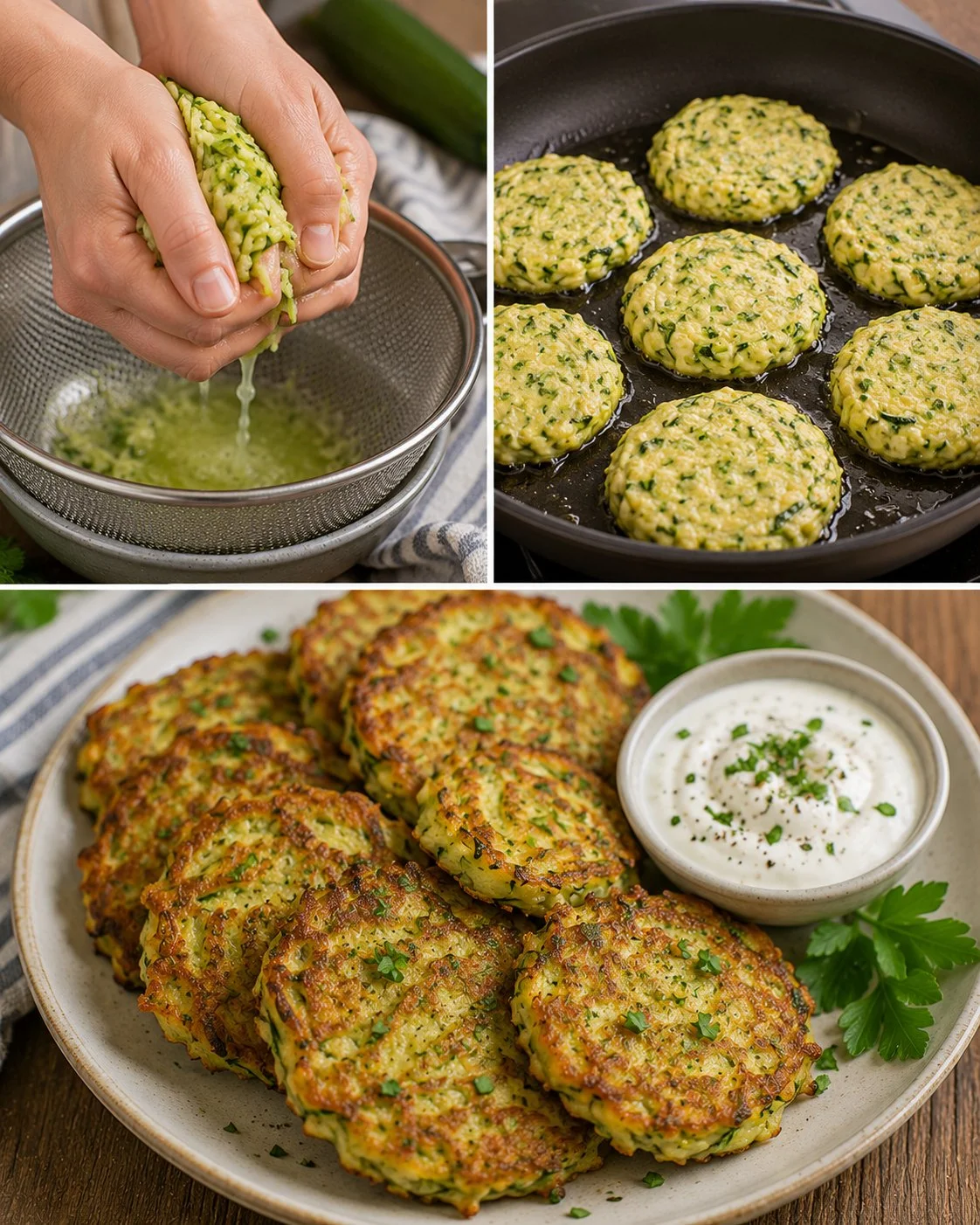 Knusprige Zucchini-Puffer mit Joghurtdip auf einem Teller