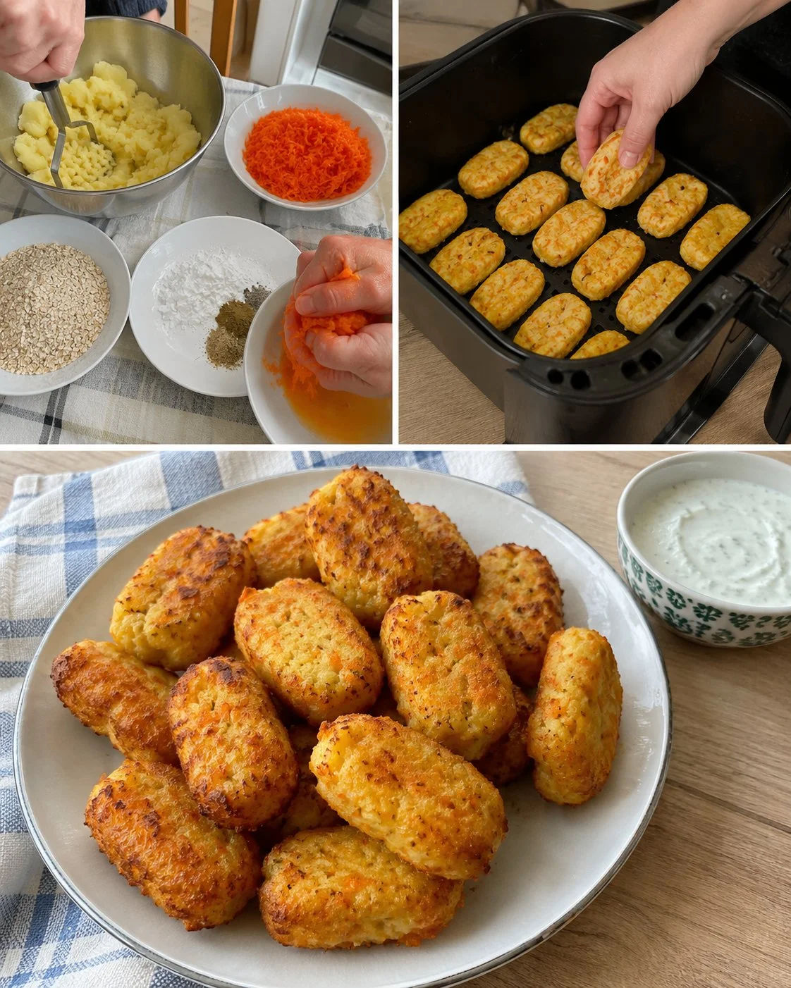 Luftfrittierte Erdäpfel-Karotten Nuggets mit Haferflocken auf einem Teller