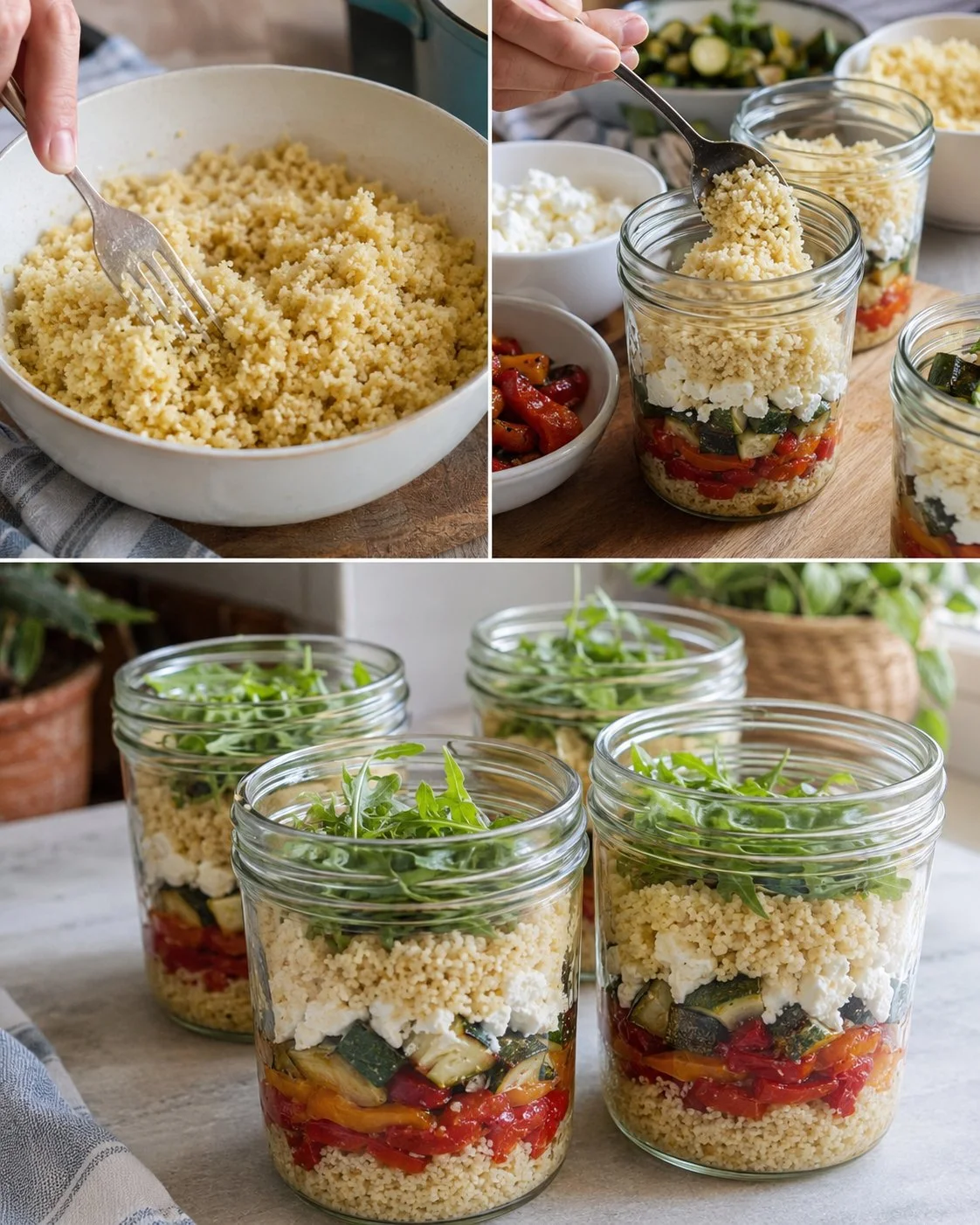 Leckeres Antipasti-Couscous im Glas, perfekt für Snacks und Feiern.