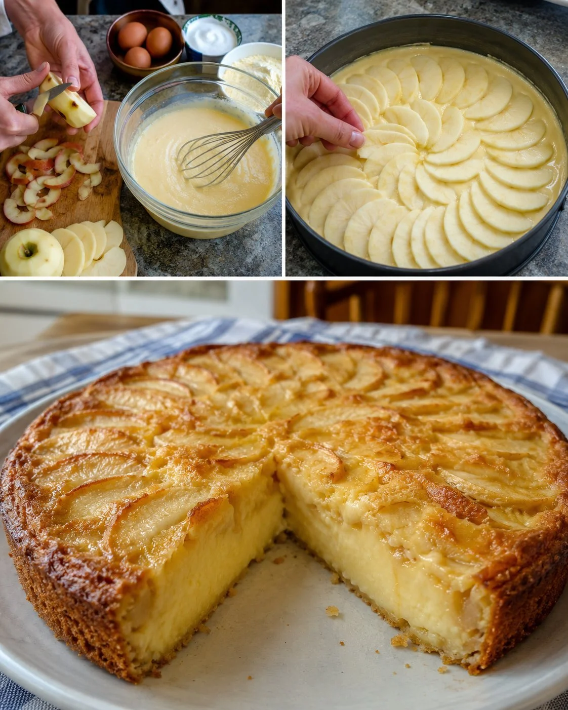 Apfel-Vanille-Puddingkuchen frisch aus dem Ofen serviert auf einem Teller.