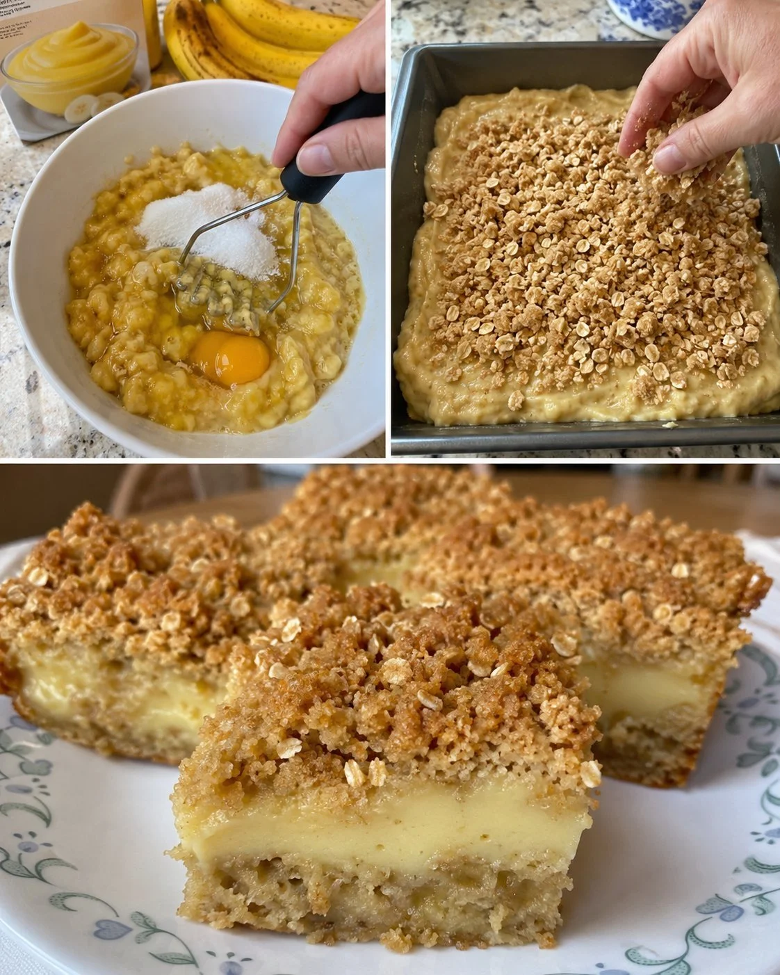 Bananenpudding-Krümelkuchen auf einem Teller mit frischen Bananen