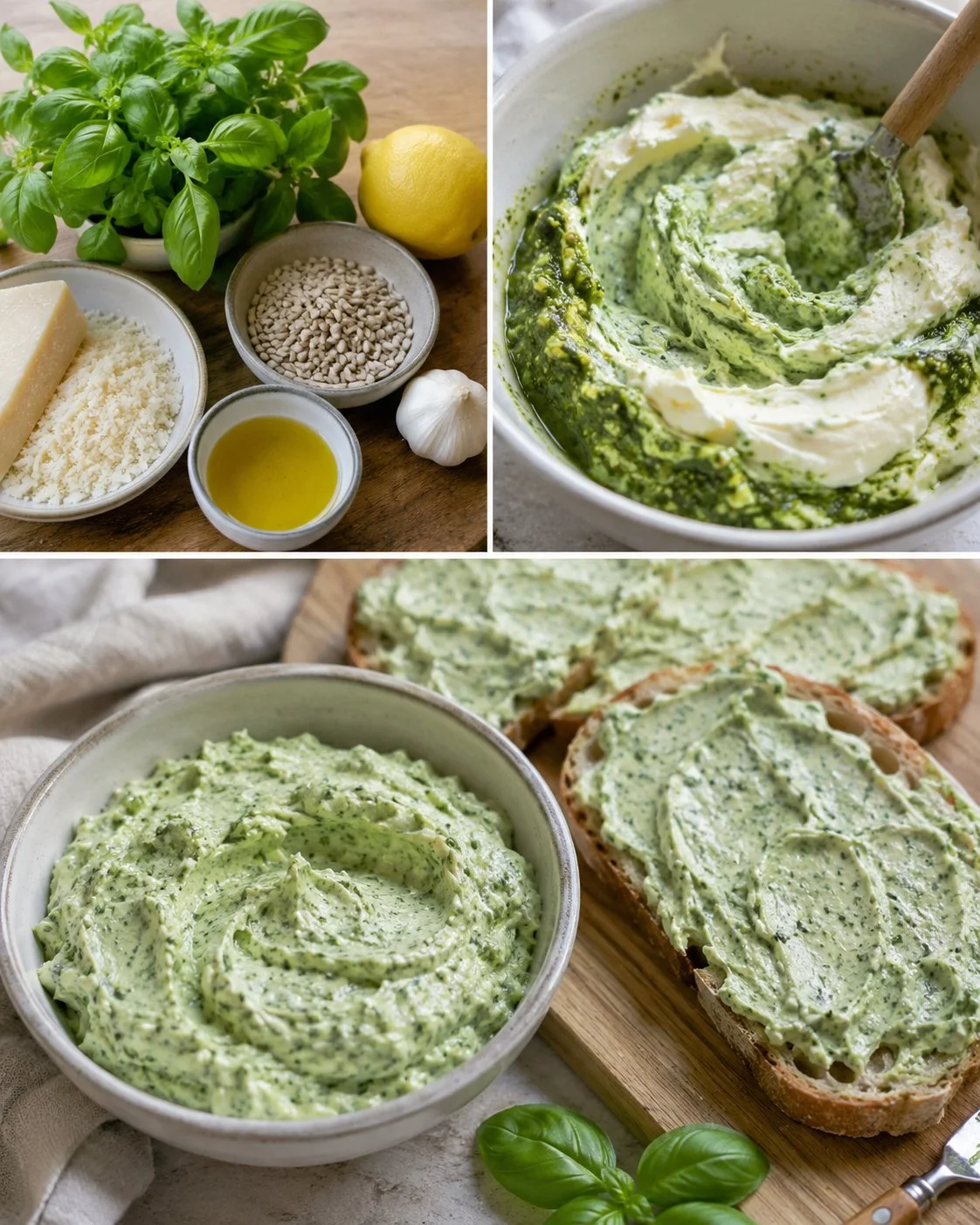 Cremiger Basilikum-Pesto-Aufstrich mit Frischkäse auf einem Brot