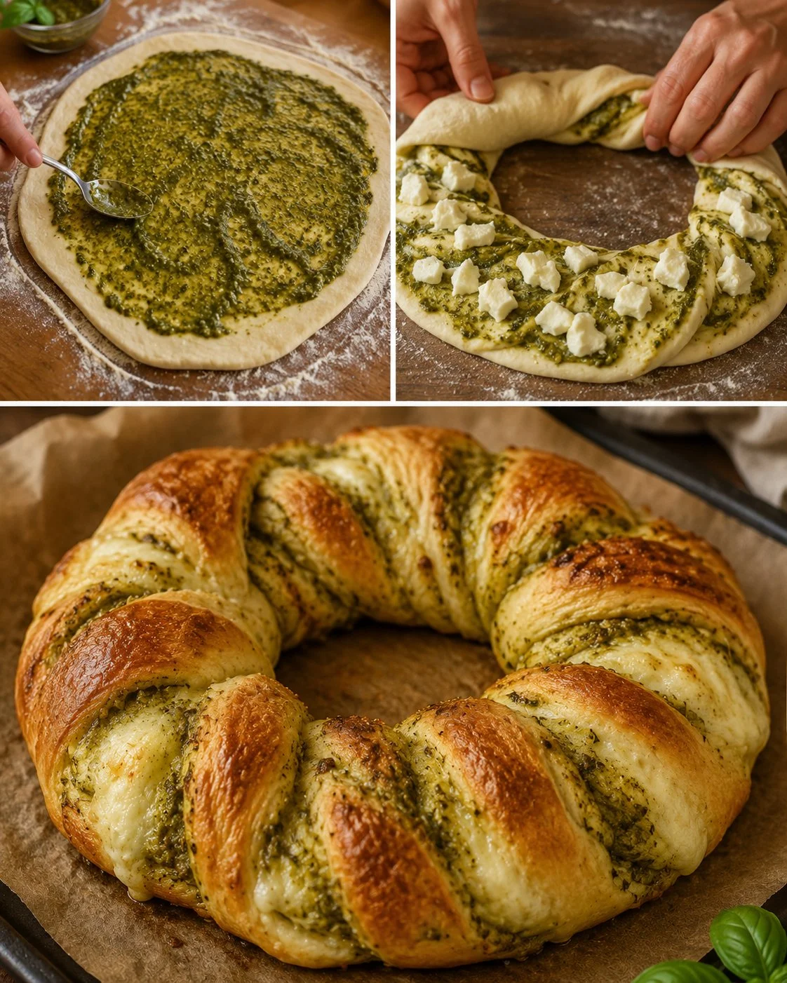 Basilikum-Pesto-Brotkranz mit Mozzarella auf einem Holzbrett angerichtet